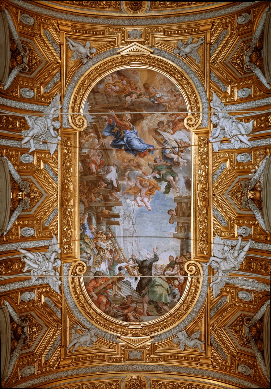 Neitsyt ilmestyy Pyhälle Philip Nerille (Filippo Neri) kirkon rakentamisen aikana Näkymä Pietro Cortonalaisen (Pietro da Cortona) (1596-1669) holvin freskoista (Pietro da Cortonan Madonna della Vallicellan ihme, katto fresko tekijältä Pietro da Cortona