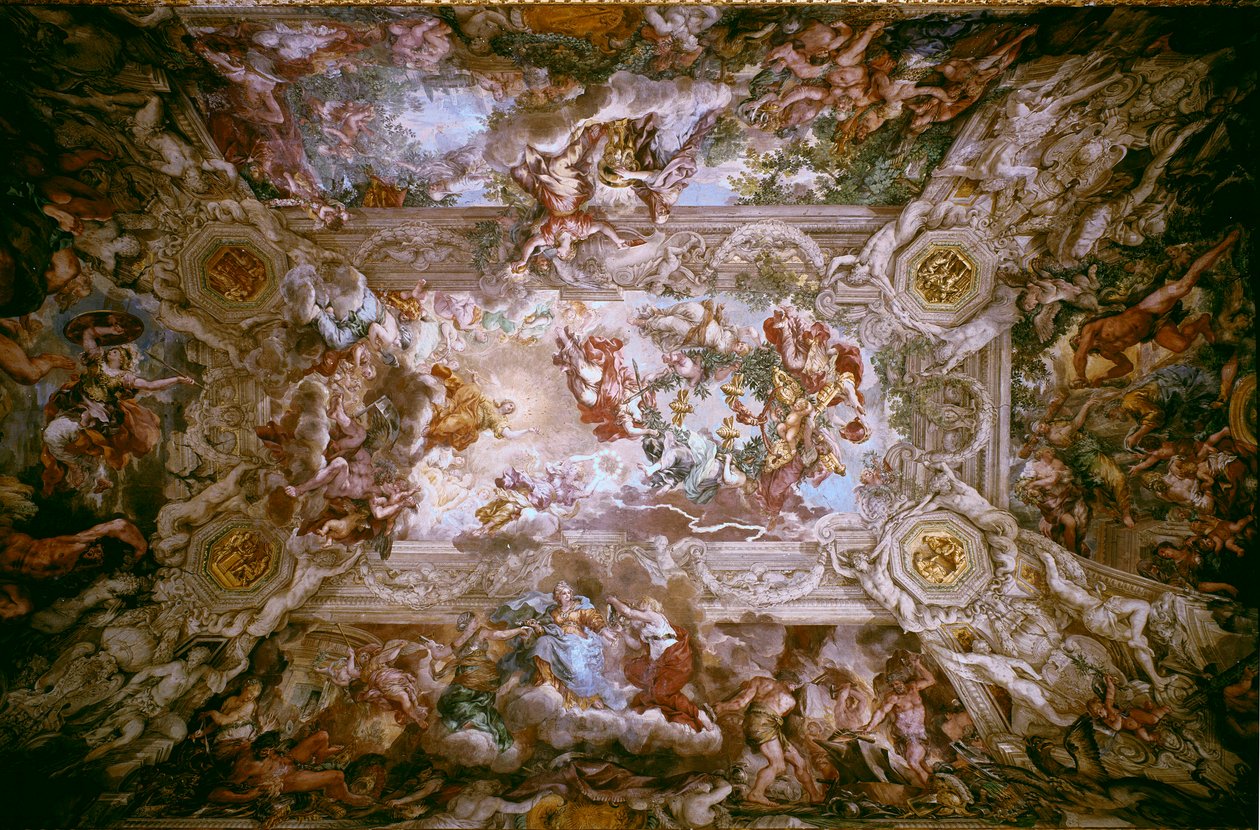 Barberinin loisto: "Jumalan huolenpidon voitto" Allegoria huolenpidosta ja Barberinin perheen jumalallisesta voimasta (paavi Urbanus VIII). Cortonan kiven fresko (Pietro Berrettini dit Pietro da Cortona (1596-1669), joka koristaa Barbin kattoa tekijältä Pietro da Cortona