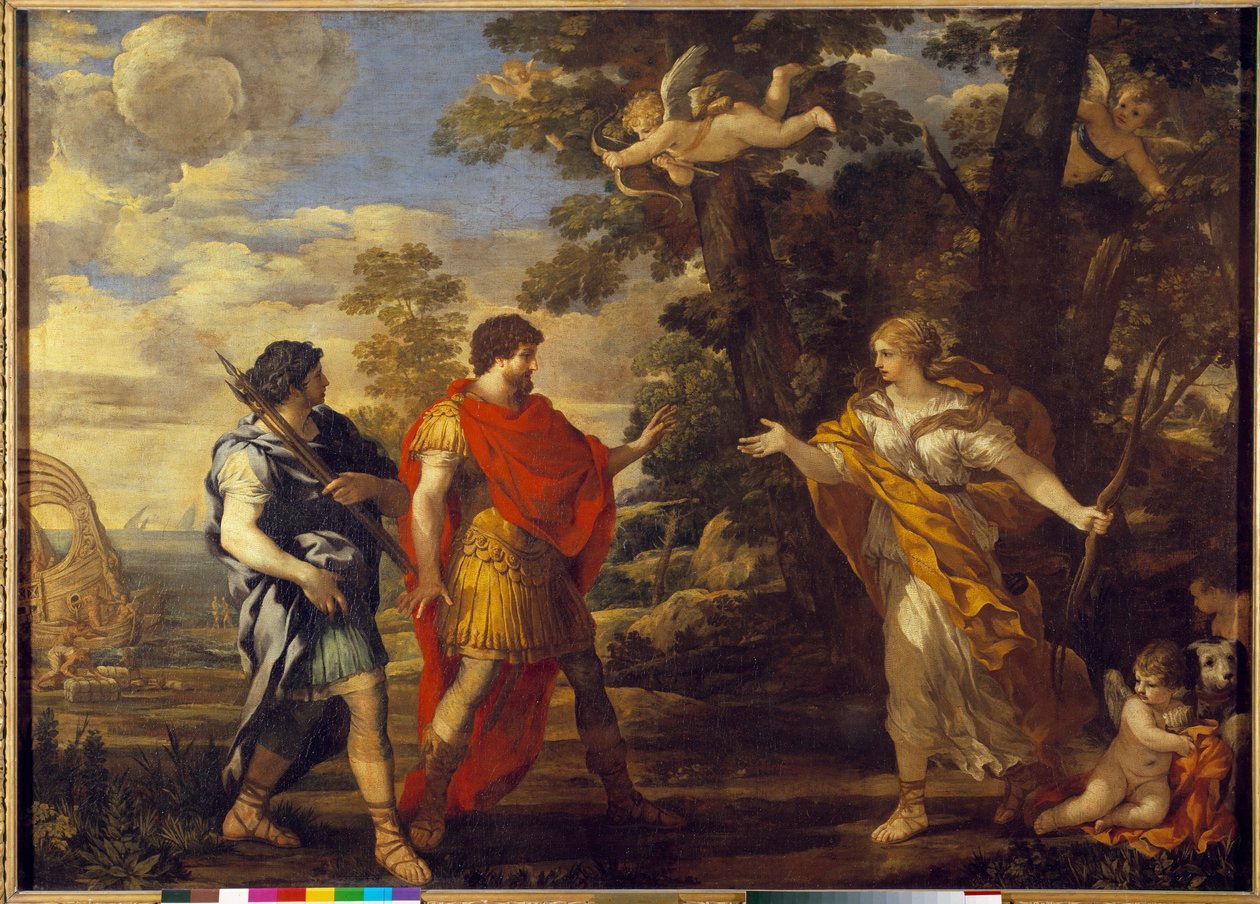 Venus metsästäjänä esiintyy Pierre de Cortonan Enee-maalauksessa (Pietro Berrettini dit Pietro da Cortona (1596-1669). 1600-luvun su. 1,27x1,76 m tekijältä Pietro da Cortona
