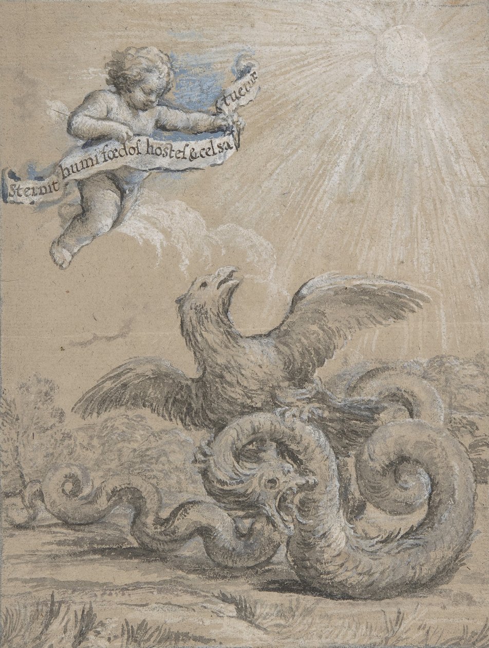Suunnittelu, jossa kotka taistelee käärmeen ja putton kanssa taivaalla..., 1600-luku. tekijältä Pietro da Cortona