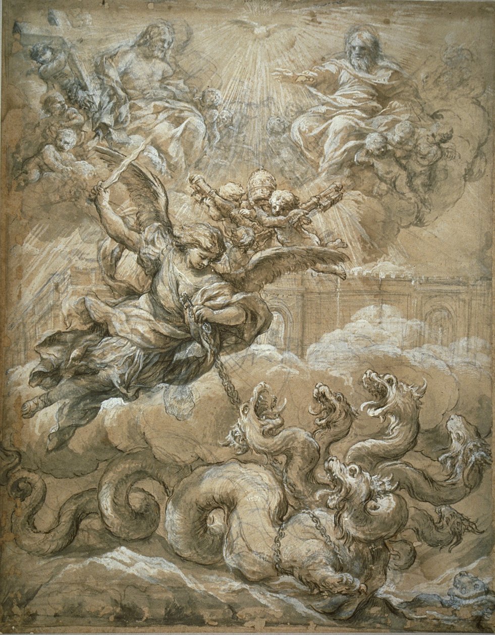 Pyhä kolminaisuus, jossa Pyhä Mikael valloittaa lohikäärmeen, 1666 tekijältä Pietro da Cortona