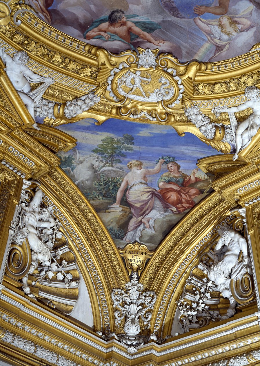 Apollon Sala di Apollo Hall of Apollon yksityiskohta kaulakoru, joka kuvaa museoita Calliope ja Melpomene, n. 1647 fresko tekijältä Pietro da Cortona