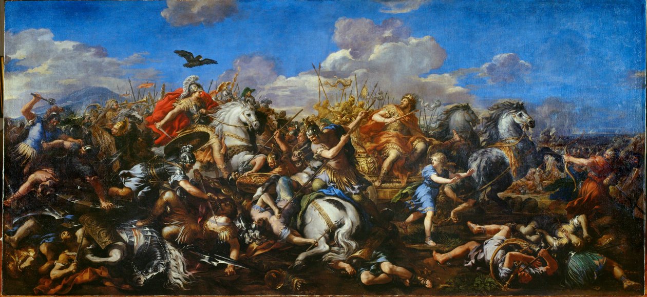Aleksanterin taistelu Persian kuningasta Dareios III:a vastaan, Issoksen taistelu (maalaus kankaalle) tekijältä Pietro da & Ferri Ciro (1634-89) Cortona