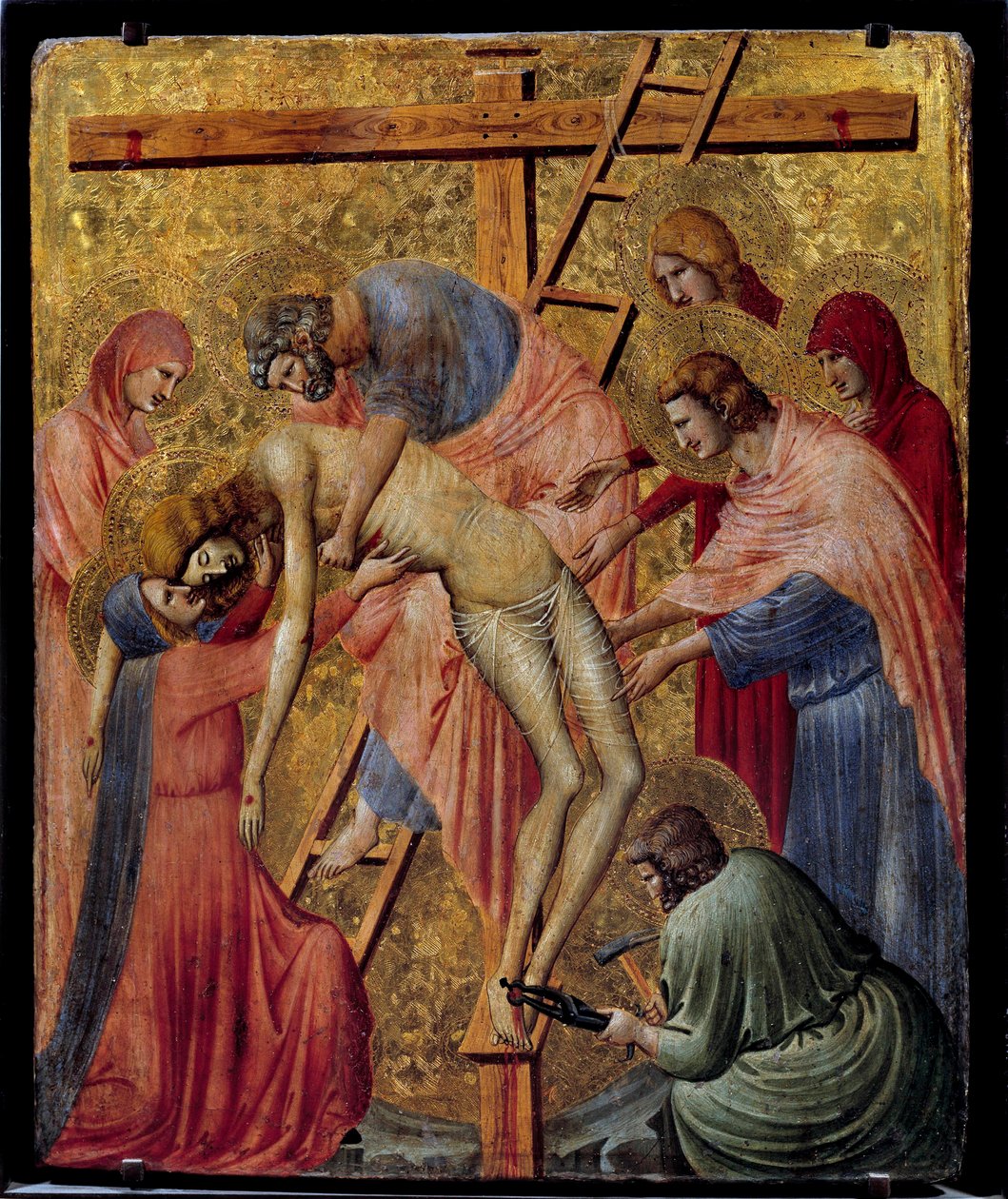Pieta. "" Ristin laskeutuminen tai laskeutuminen"" Pietro da Riminin alttaritaulu (1300-luvun 1. puolisko) Aurinko. 0,43x0,35 m. tekijältä Pietro da Rimini