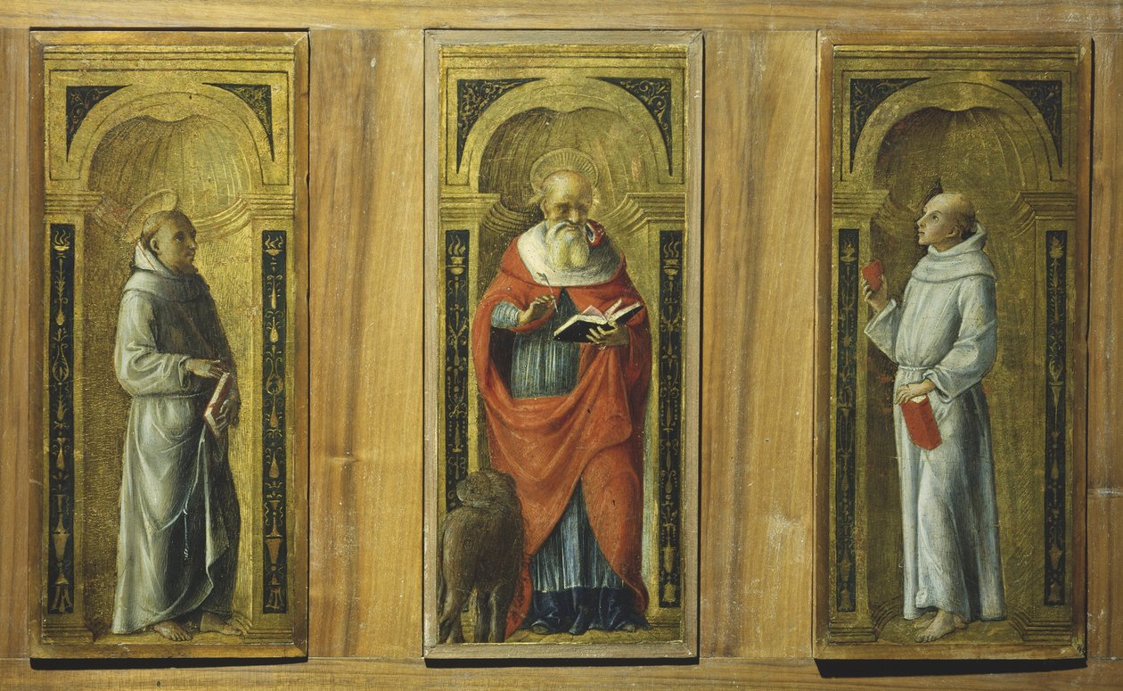 Kolme paneelia - Saint Franciscus, Saint Jerome ja Saint Anthony Padovalainen, n. 1480 (tempera paneelissa) tekijältä Pietro di Francesco degli (circle of) Orioli