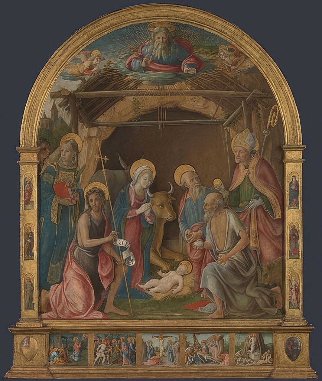 Syntymä pyhien kanssa. Varmaan noin 1485-95 tekijältä Pietro di Francesco degli Orioli