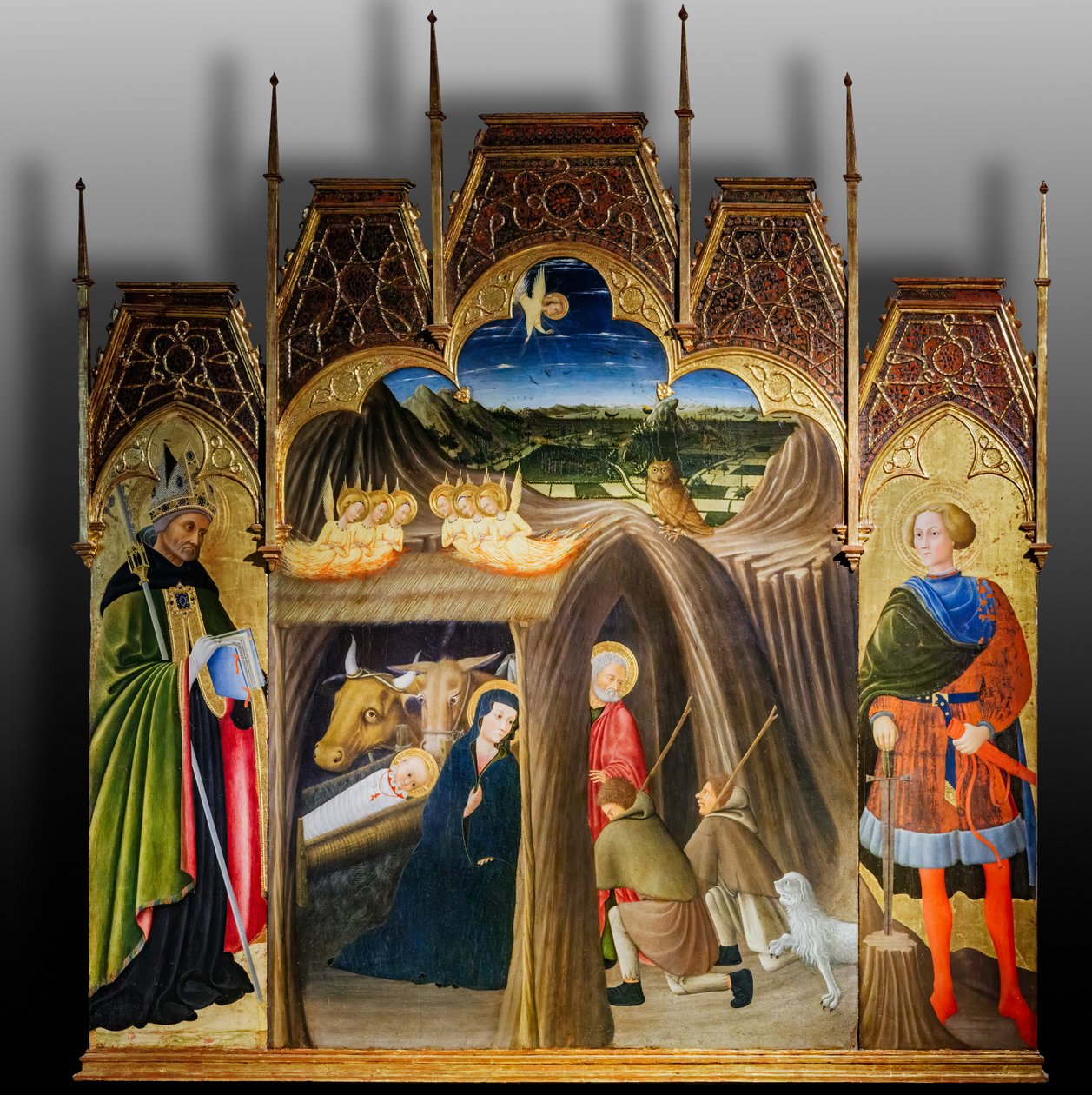 Paimenten palvonta pyhien Galganon ja Augustinuksen välillä, 1400-luvun alkupuolisko (tempera paneelille). tekijältä Pietro di Giovanni da Ambrogio