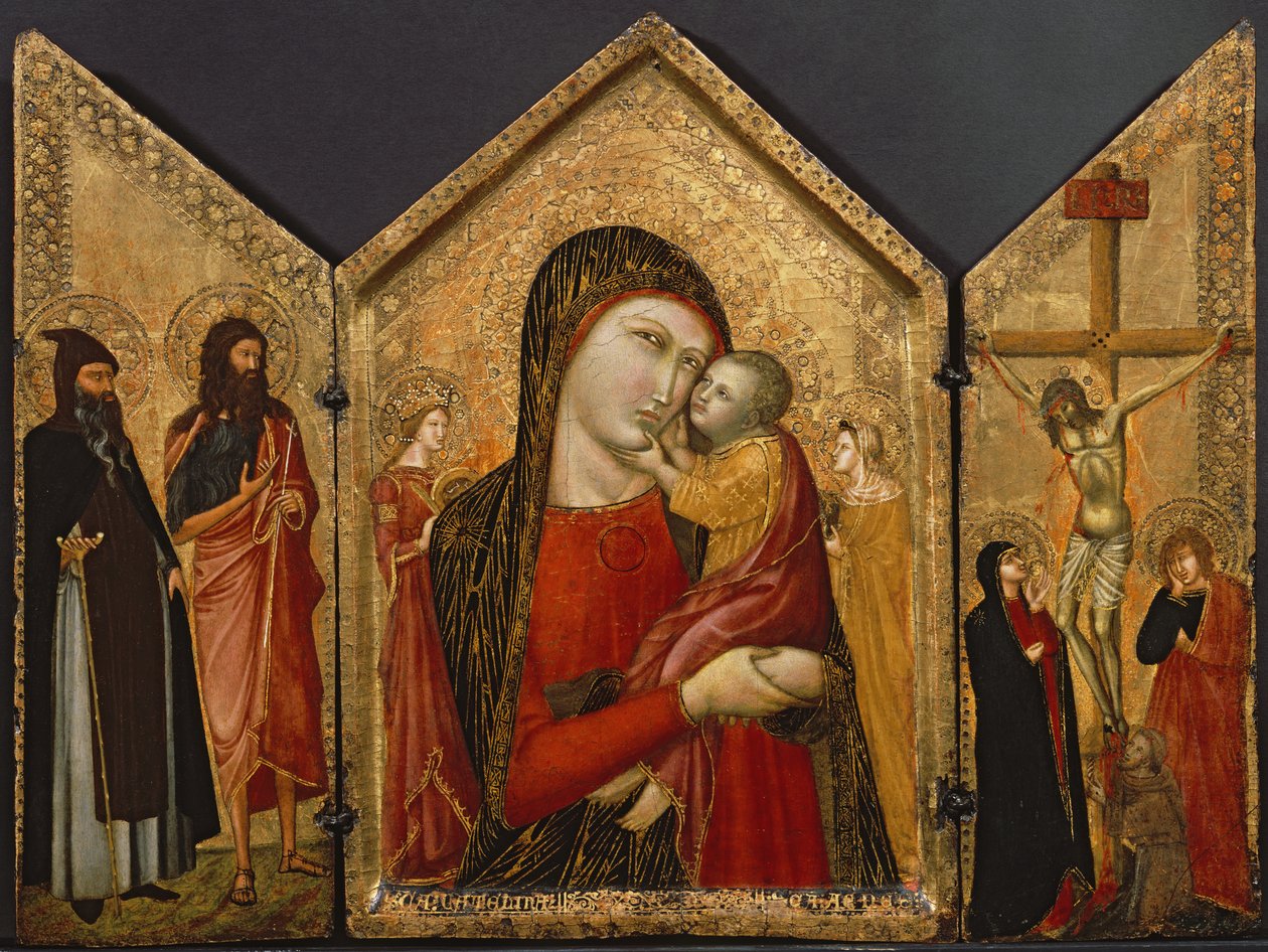Madonna ja lapsi, ristiinnaulitseminen ja pyhät, n. 1340-1370 (tempera ja kultalehti paneelissa) tekijältä Pietro follower of Lorenzetti