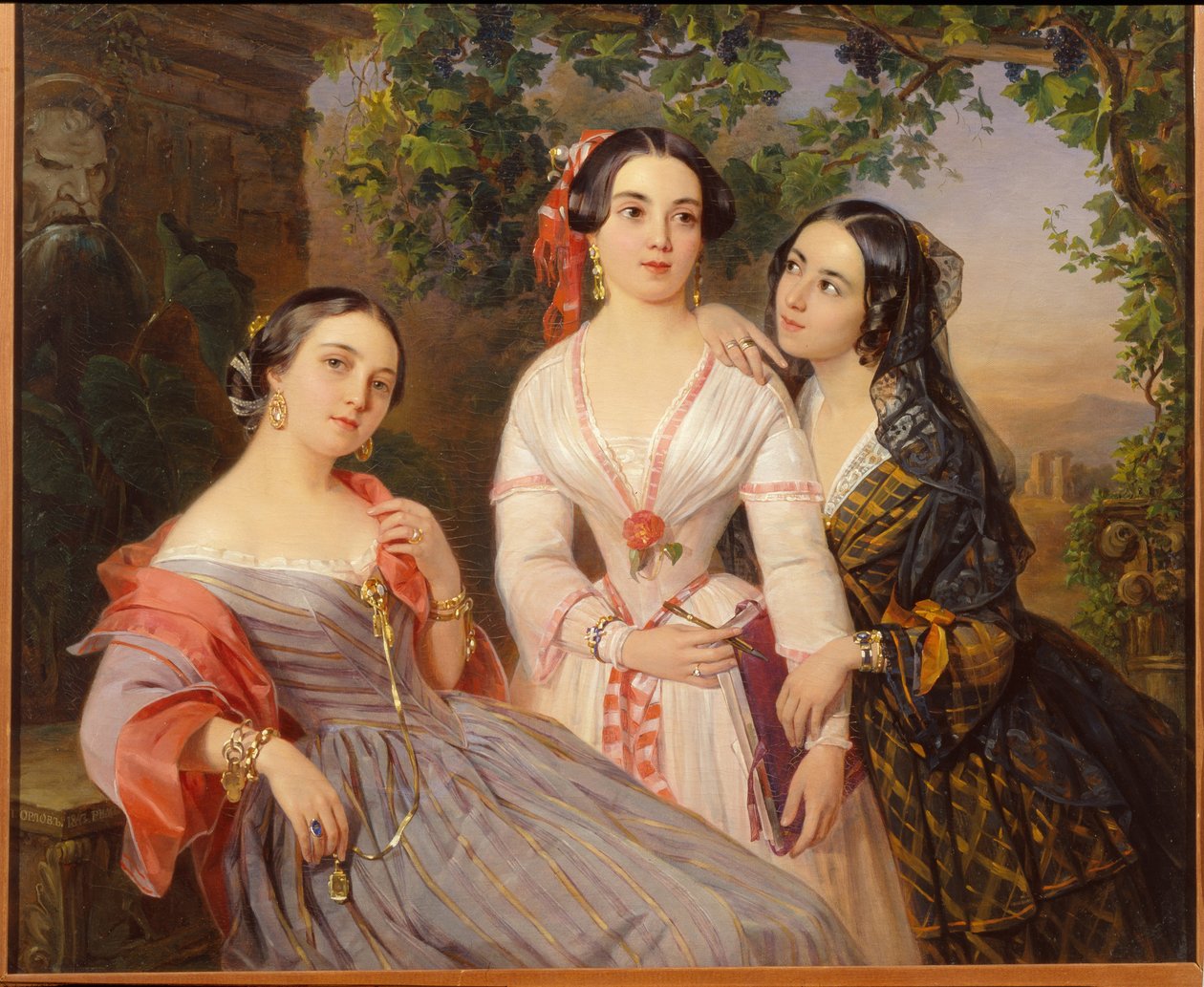 Portraits des soeurs la comtesse Elisabeth Salias de Tournemire (1815-1892), Sophia Soukhovo Kobylina (Soukhovo-Kobylina) (1825-1867) ja Eudokia Petrovo Solovovo - Peinture de Pimen Nikitich Orlov, öljy tölkki 163 (163), tekijältä Pimen Nikitich Orlov