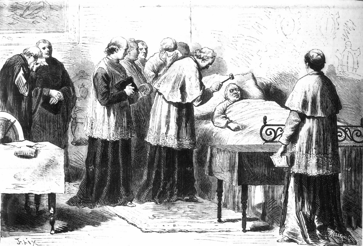 Pius IX:n kuoleman varmistus hopeavasaralla, "Revista illustrata", 24. helmikuuta 1878 tekijältä Pio Joris