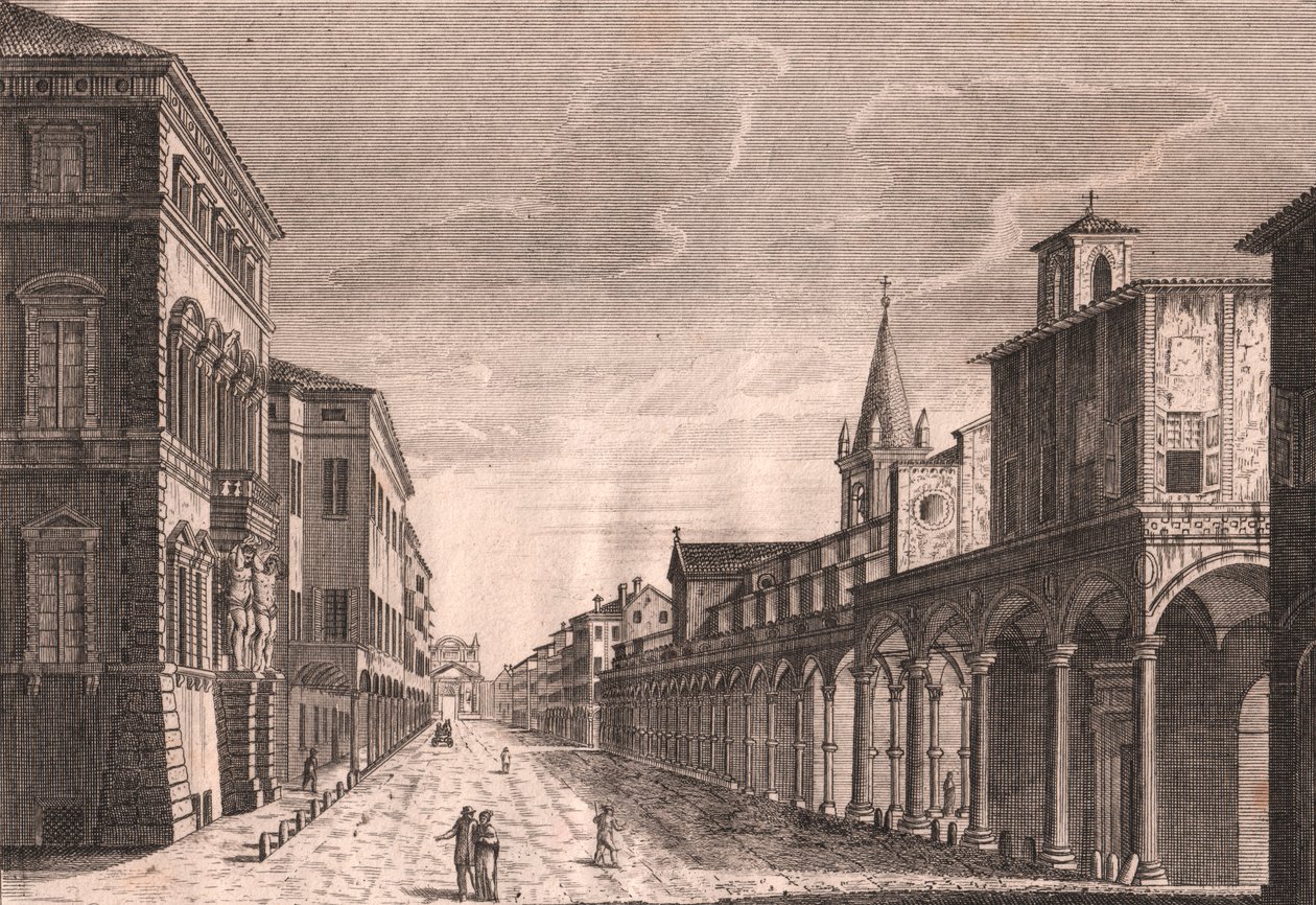 Näkymä Strada Maggiorelle Bolognassa, Emilia-Romagna, Italia, C Lambertinin kuparikaiverrus Pio Panfilin (1723-1812) piirustuksen mukaan, noin 13,5x19 cm tekijältä Pio Panfili