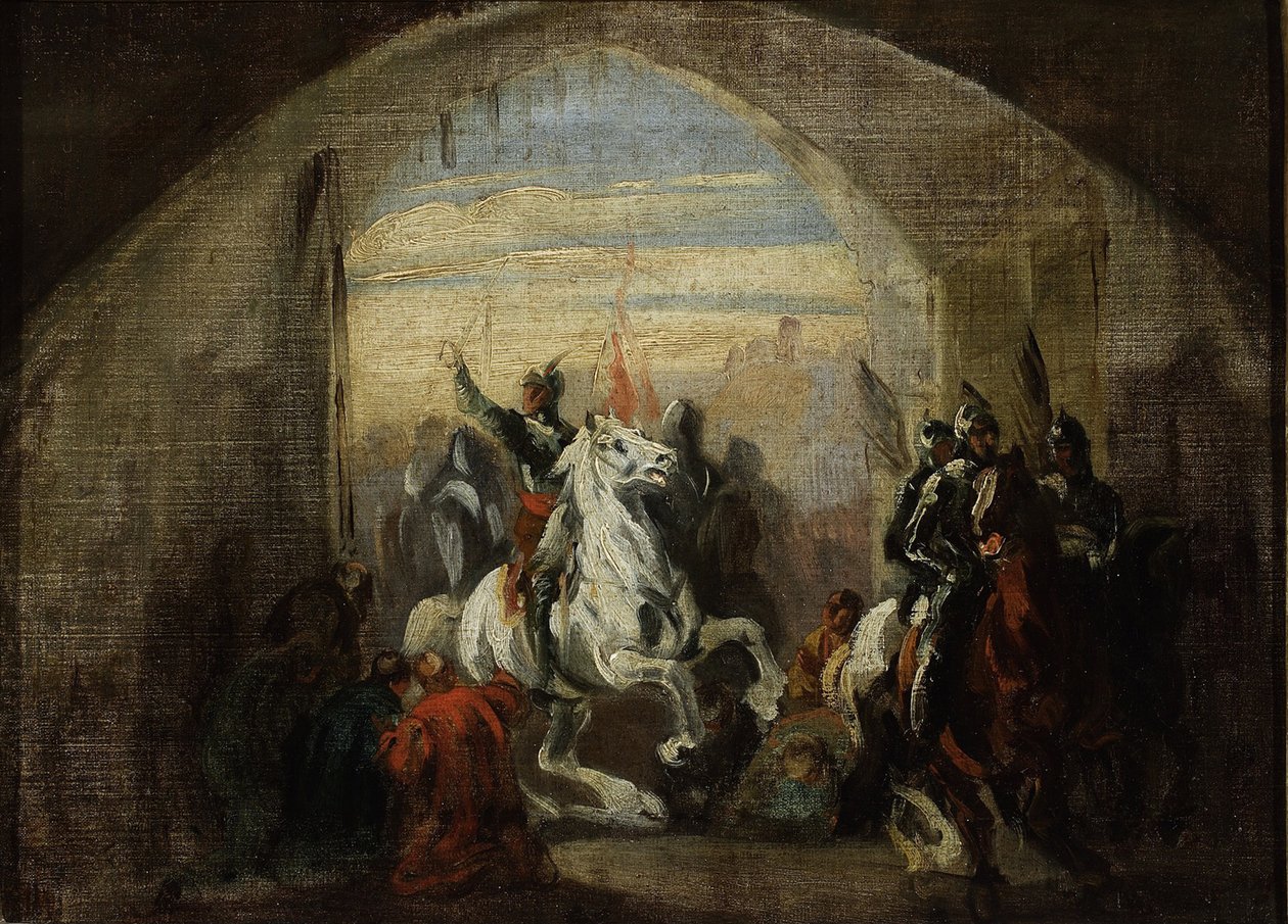Puolan Boleslas I:n tulo, sanoo Rohkeat (967-1025) Kiovaan - Michalowski, Piotr (1800-1855) Boleslaw Rohkean tulo Kiovaan. Öljy kankaalle, koko: 35,5x48,5, n. 1837, Narodowe-museo, Varsova tekijältä Piotr Michalowski