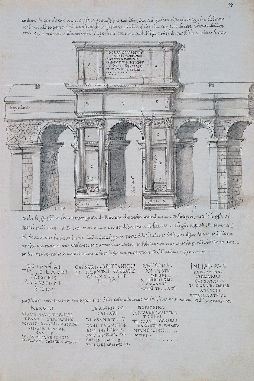 Claudiuksen kaari Roomassa, piirros Rooman antiikeista, Pirro Ligorio (1513-1583) tekijältä Pirro Ligorio