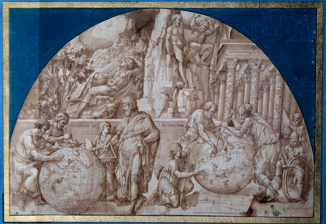 Tähtitiede allegoria. Tiedemiehet tekevät mittauksia maapallolla. Pirro Ligorion piirustus ruskealla musteella (noin 1500-1583) 1500-luvun Pariisi, Louvre-museo tekijältä Pirro Ligorio