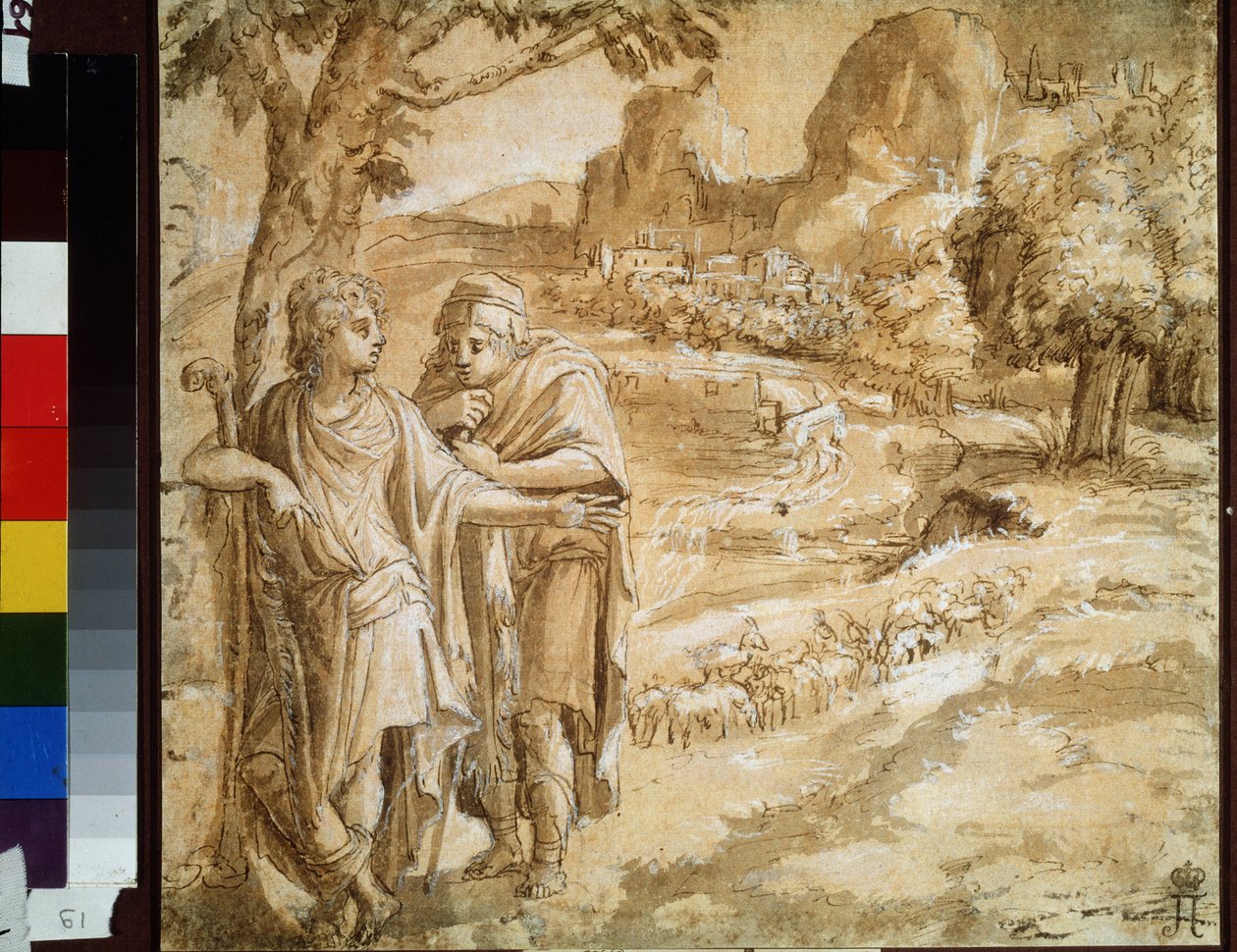 "Paimen ja pyhiinvaeltaja maisemassa" (Paimen ja pyhiinvaeltaja maisemassa) Akvarelli ja muste, Pirro Ligorio (1510-1583) Noin 1550 Pushkin-museo, Moskova tekijältä Pirro Ligorio