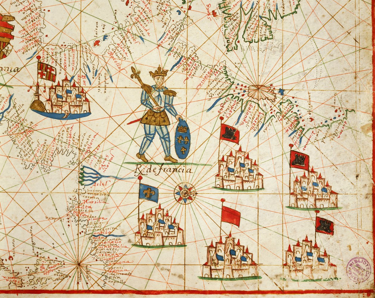 Reino da França, do atlas portulano composto por seis cartas, de Placido Caloiro e Francesco Oliva, Pergaminho. 1646.finlandês tekijältä Placido Caloiro e Oliva