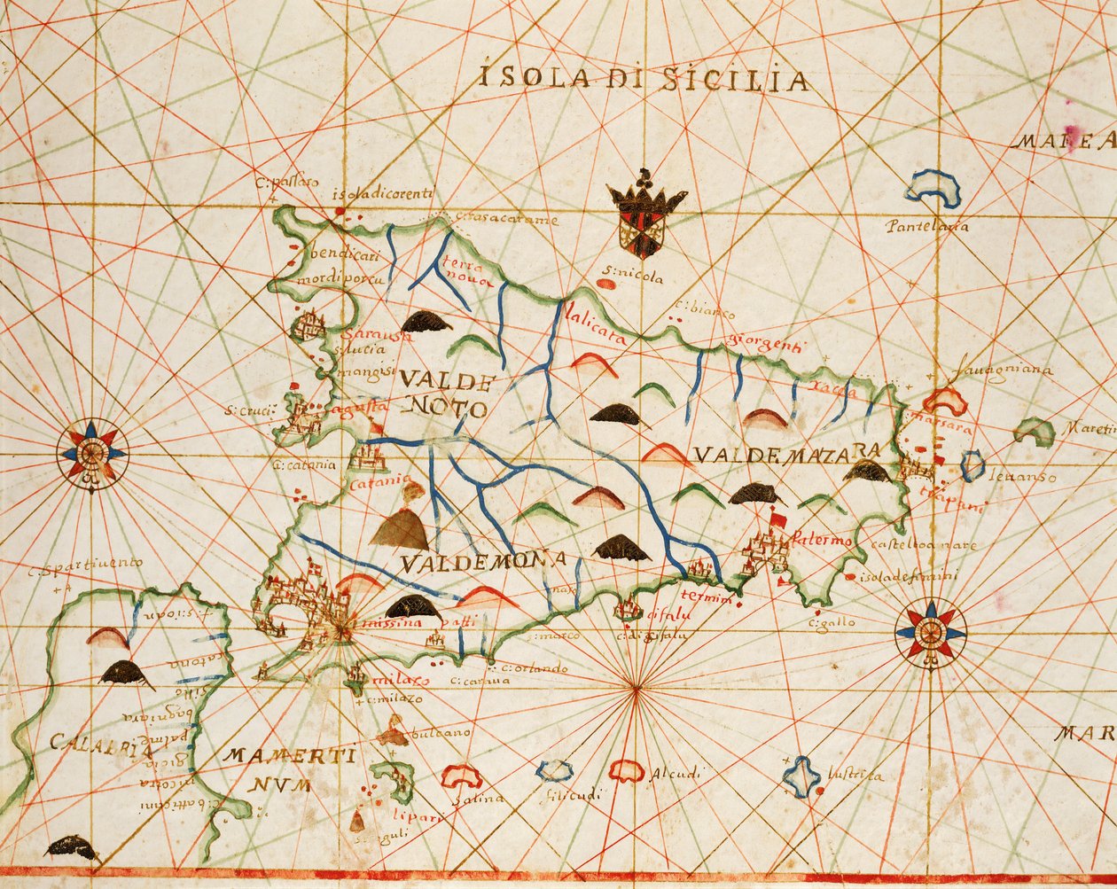 Sisilia portolan atlasista, joka koostuu kuudesta kartasta, Placido Caloiro ja Francesco Oliva, Pergamentti. 1646. tekijältä Placido Caloiro e Oliva