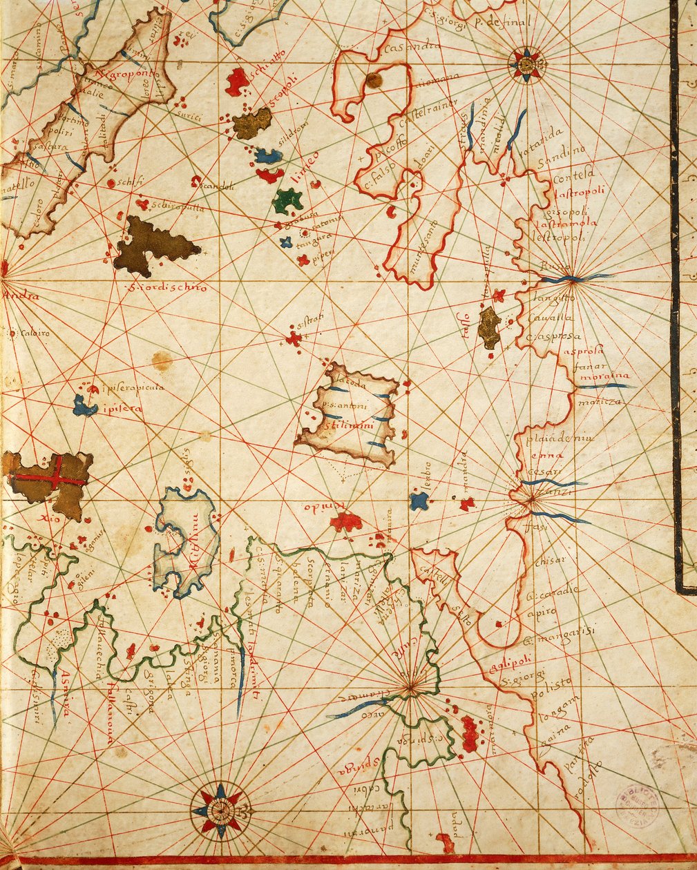 Peloponnesos, Portolan atlas, joka koostuu kuudesta kartasta, Placido Caloiro ja Francesco Oliva, Pergamentti. 1646. tekijältä Placido Caloiro e Oliva