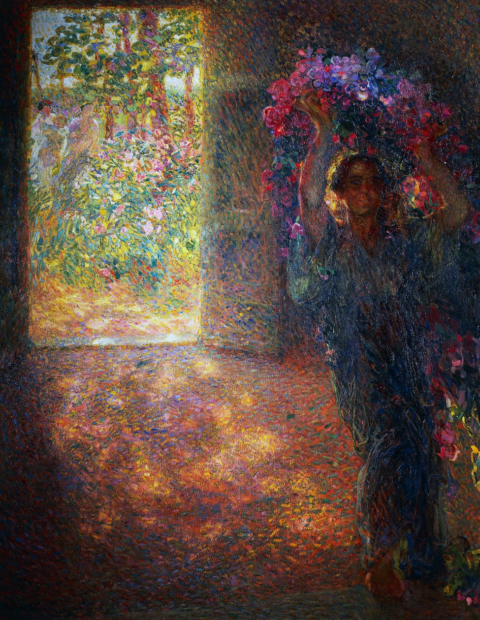 Kukkatalo, n. 1910, Plinio Nomellini (1866-1943), öljy kankaalle, 200x160 cm, Italia, 1900-luku tekijältä Plinio Nomellini