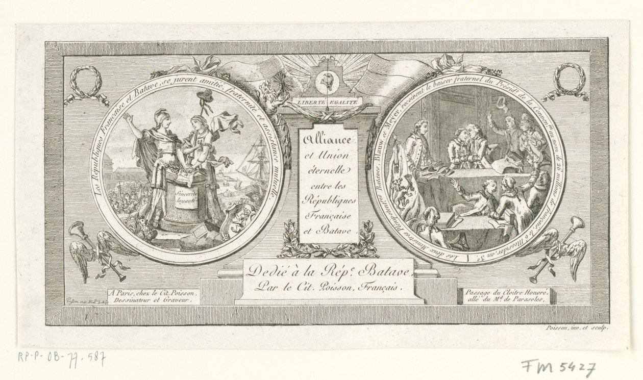 Medaillon op de Alliantie tussen de Franse en de Bataafse Republieken, 1795 Ranskan ja Batavian tasavaltojen liitto ja ikuinen liitto (otsikko esineessä) tekijältä Poisson