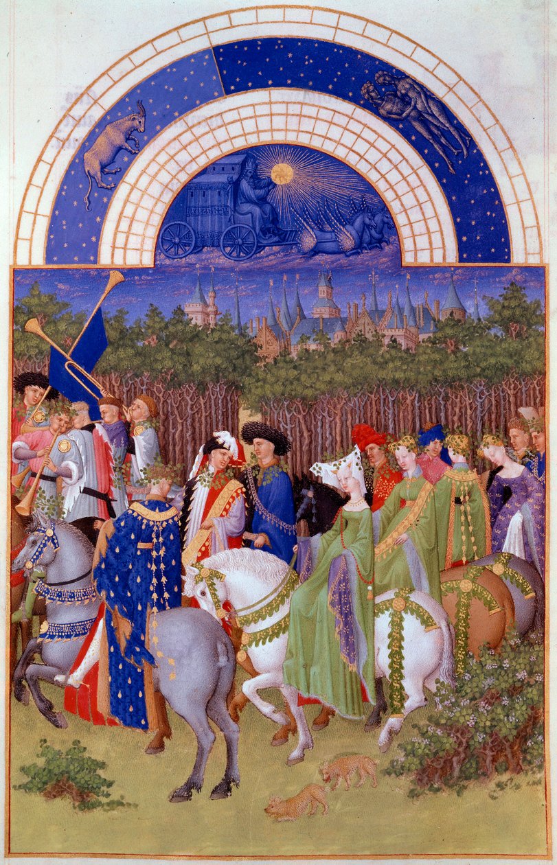 Aatelisten ja muusikoiden ryhmä hevosen selässä, näkymä Riomin herttuapalatsille (?) ja toukokuulle. Pol De Limburgin (1400-luku) flaamilainen miniatyyri käsikirjoituksesta "Berryn herttuan erittäin rikkaat hetket" tekijältä Pol de Limbourg