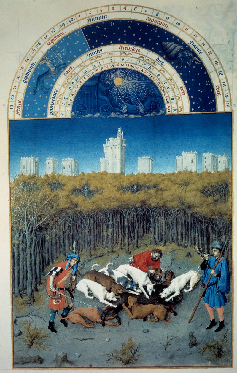Joulukuu: metsästyskohtaus. Taustakuvassa Pol De Limburgin (1400-luku) flaamilainen Vincennes-miniatyyri käsikirjoituksesta "Berryn herttuan erittäin rikkaat tunnit" tekijältä Pol de Limbourg