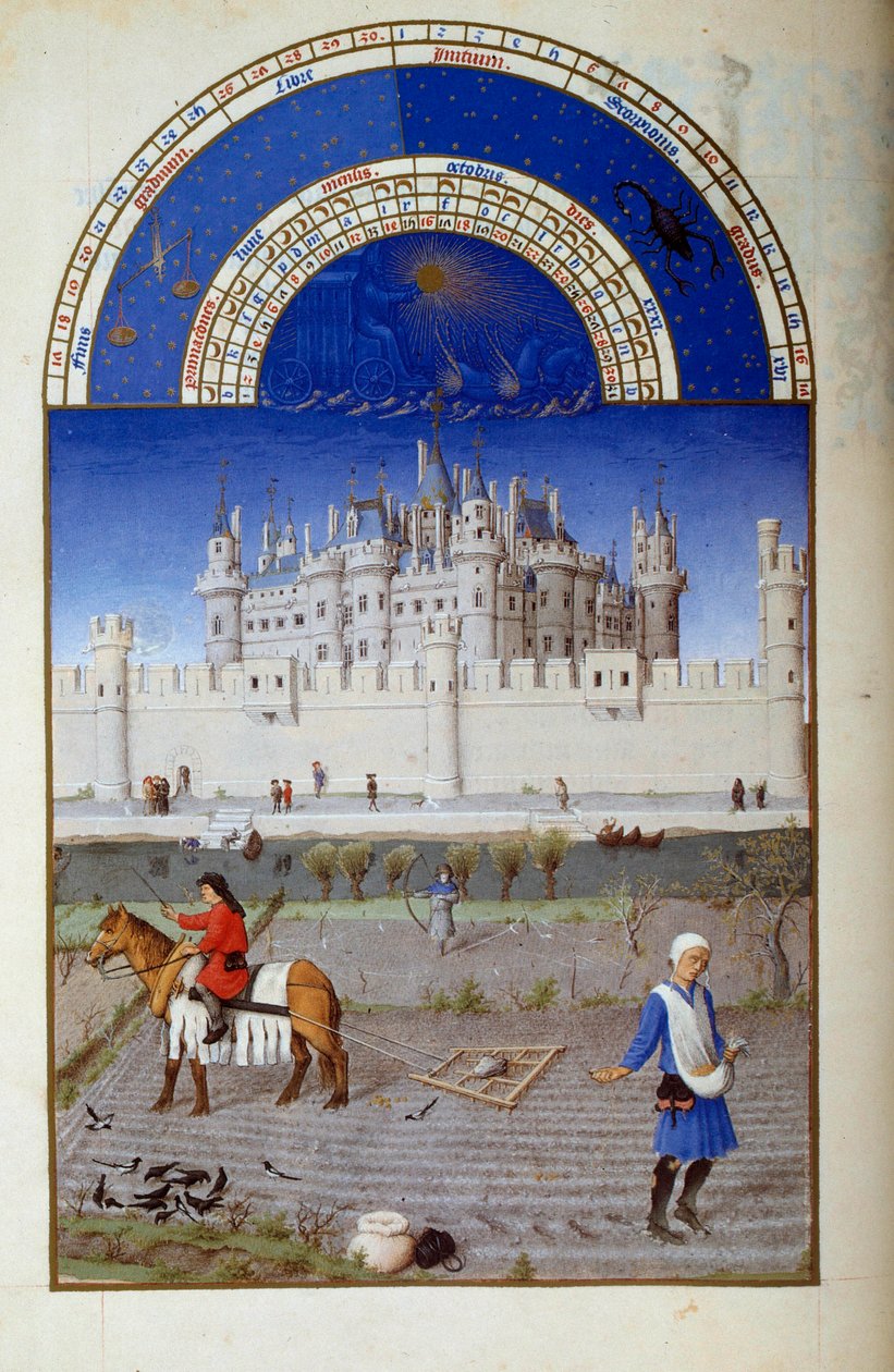 Lokakuu: kylvö. Taustalla Limburgin Polin flaamilainen Louvre-miniatyyri Jacques Suuren (1360-1415/1418) ”Hyvän maurien kirjasta”, omistettu John Duke of Berrylle. tekijältä Pol de Limbourg