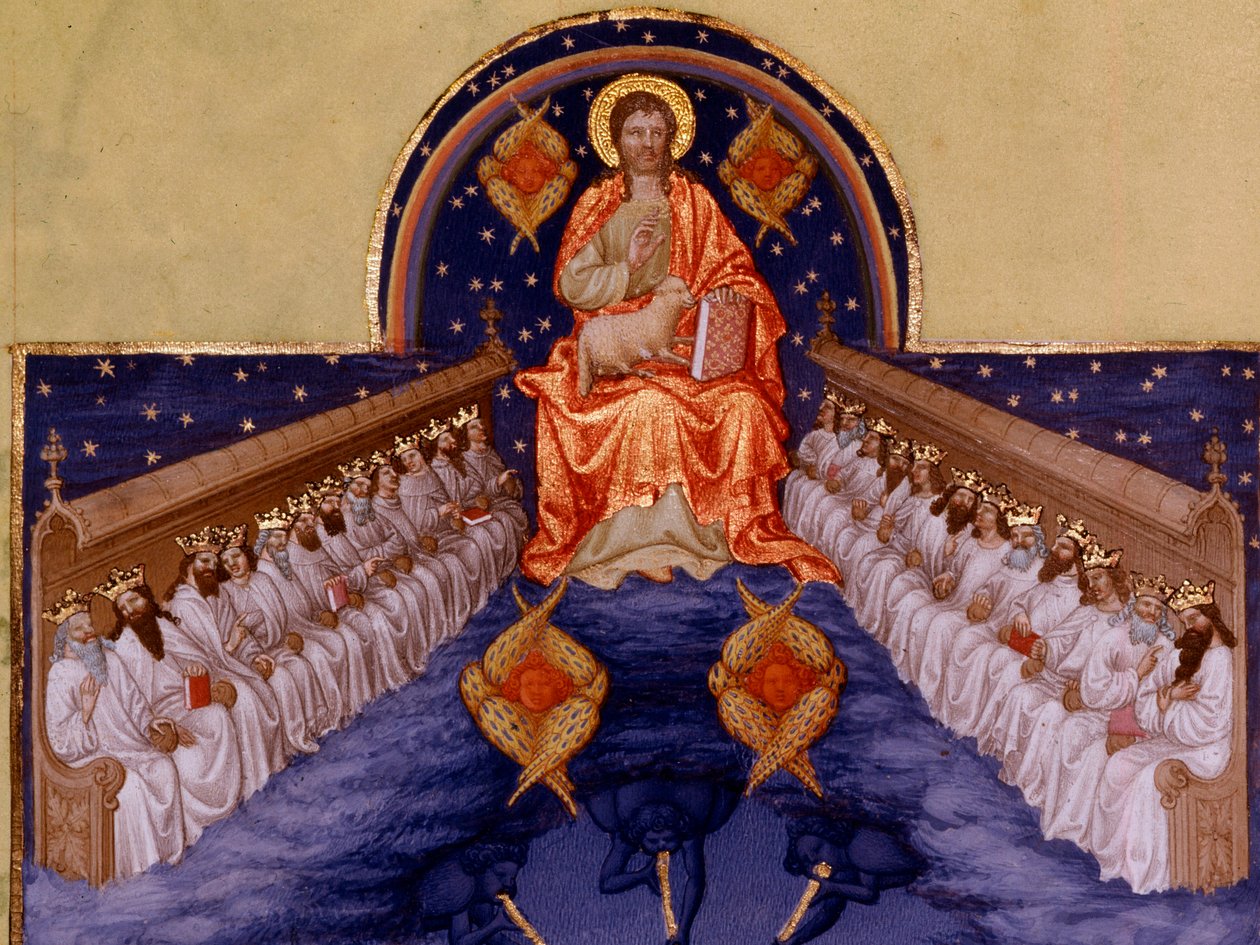 Pyhä Johannes Patmosissa. Pol De Limburgin (1400-luku) "" Miniatyyri teoksessa "" Berryn herttuan erittäin rikkaat hetket". Chantilly, Musee Conde tekijältä Pol de Limbourg