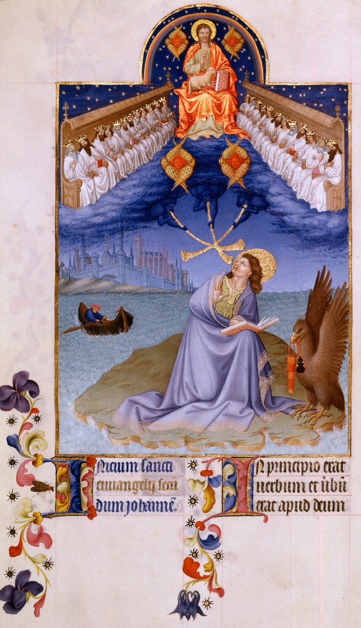 Pyhä Johannes Patmosissa. Pol De Limburgin (1400-luku) "" Miniatyyri teoksessa "" Berryn herttuan erittäin rikkaat hetket". Chantilly, Musee Conde tekijältä Pol de Limbourg
