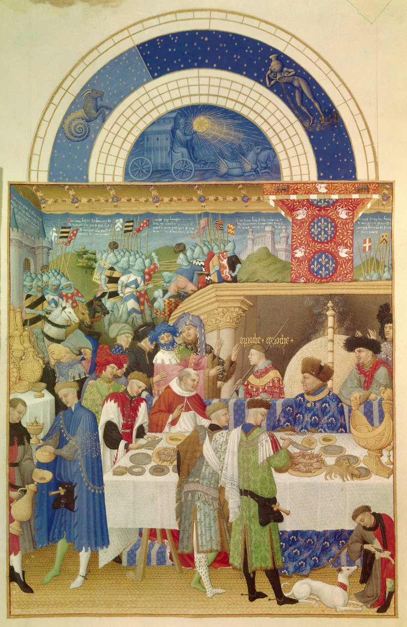 Duke of Berryllä on pöytä ja tammikuu. Pol De Limburgin (1400-luku) flaamilainen miniatyyri käsikirjoituksesta "Marjan herttuan erittäin rikkaat hetket" tekijältä Pol de Limbourg