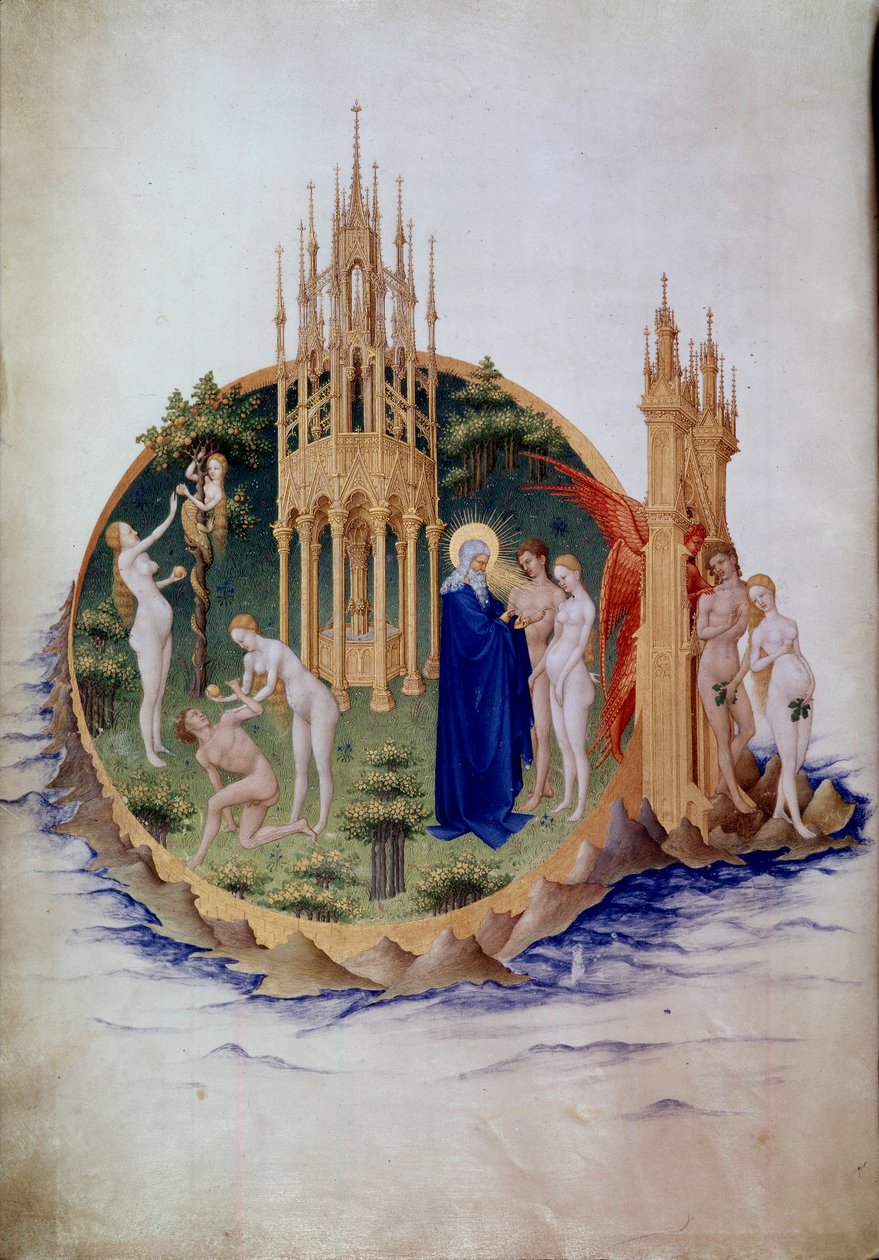 Perisynti, Aadam ja Eeva karkotettiin Paratiisin pienoismallista Pol De Limburgin (1400-luvulla) "Berryn herttuan erittäin rikkaat tunnit". Chantilly, Musee Conde tekijältä Pol de Limbourg