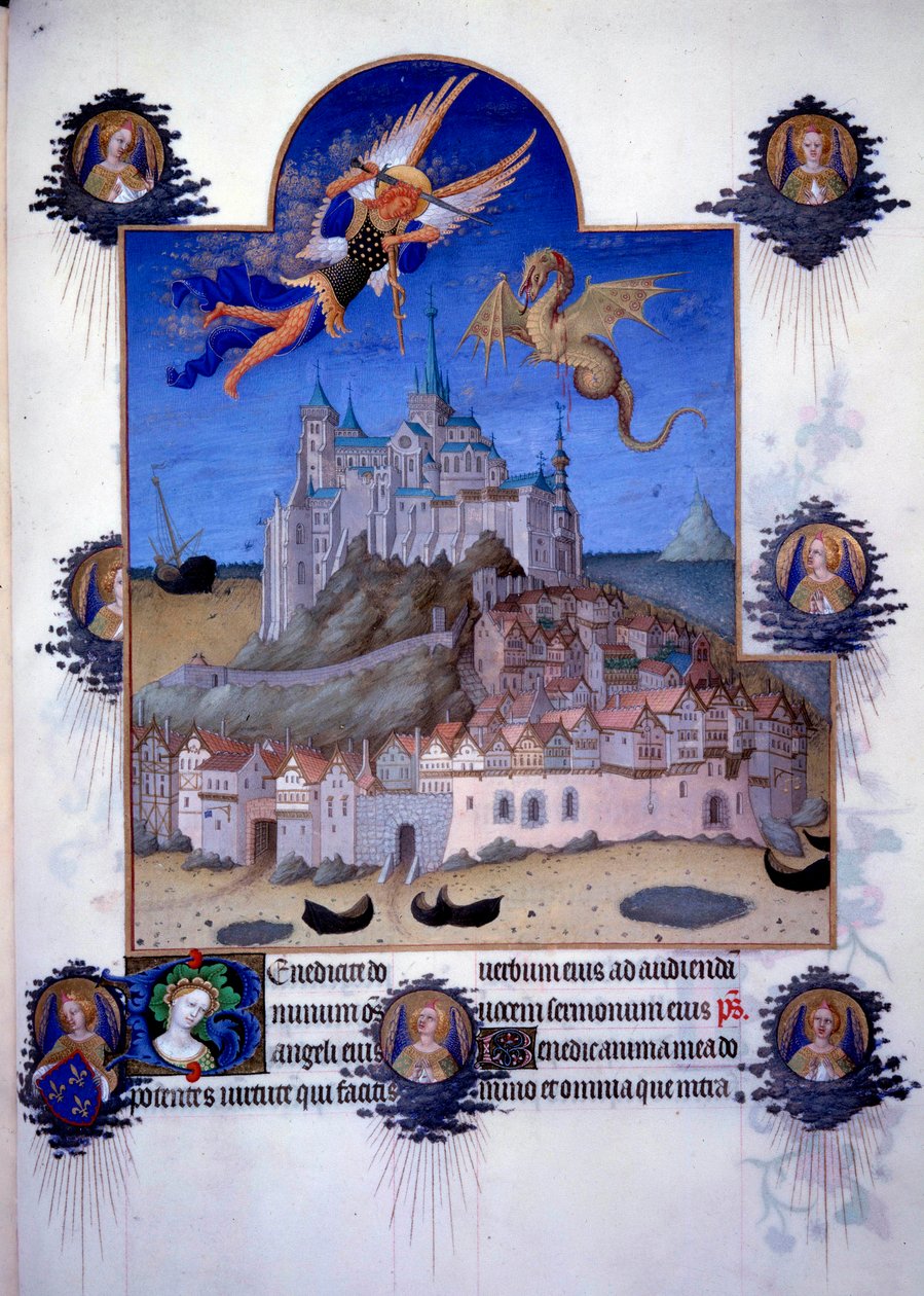 Näkymä Mont Saint Michelille (Mont-Saint-Michel): arkkienkeli Saint Michel ja lohikäärmeen siipi ovat edustettuina taistelemassa ilmassa. Flanderin miniatyyri Pol de Limburgista Jacques Suuren (1360-1415/1418) "Hyvän maurien kirjasta", omistettu Johnille tekijältä Pol de Limbourg
