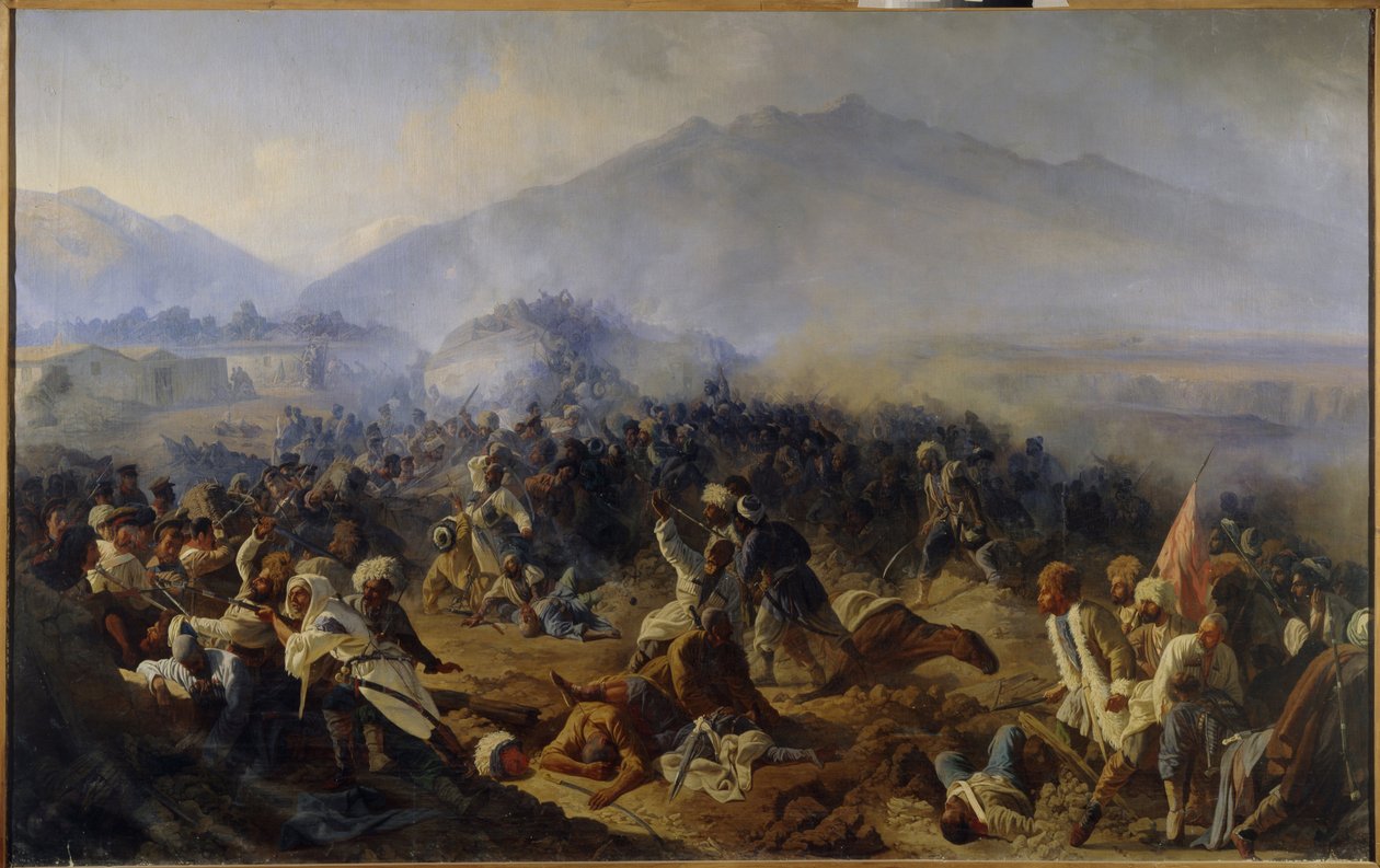 Akhtin piiritys vuonna 1848. Taistelukohtaus Pohjois-Kaukasuksen vuoristossa, Venäjän armeijan ja imaami Shamilin (Shamil) (1797-1871) joukkojen välillä, joka johti soturiaan itsenäistymisen halussa ja uskonnollisista syistä ( Jihad). Maalattu tekijältä Polidor Ivanovich Babaev
