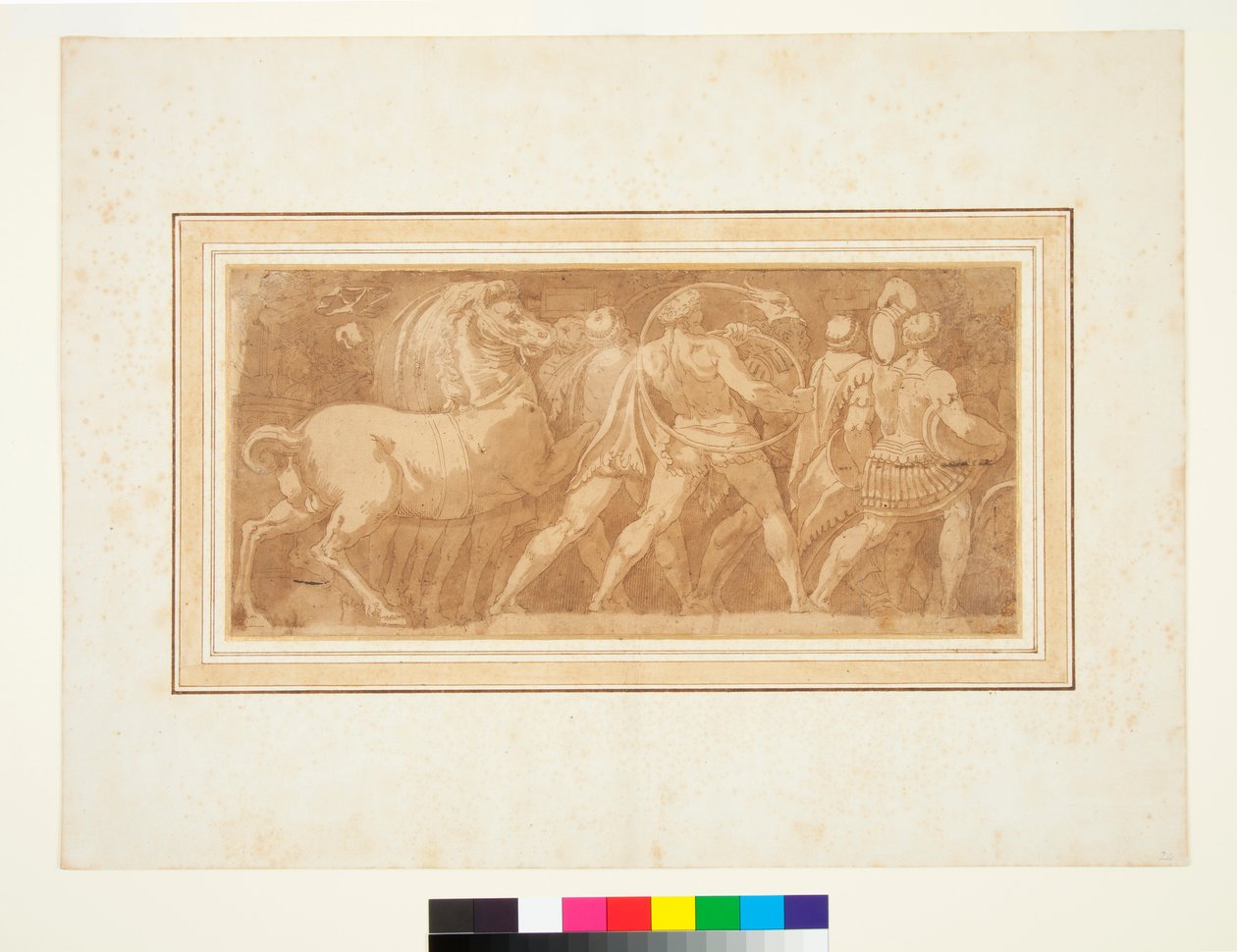 Frieze osalla Roman Triumph (kynä ja ruskea muste ja ruskea pesu) tekijältä Polidoro da (after) Caravaggio