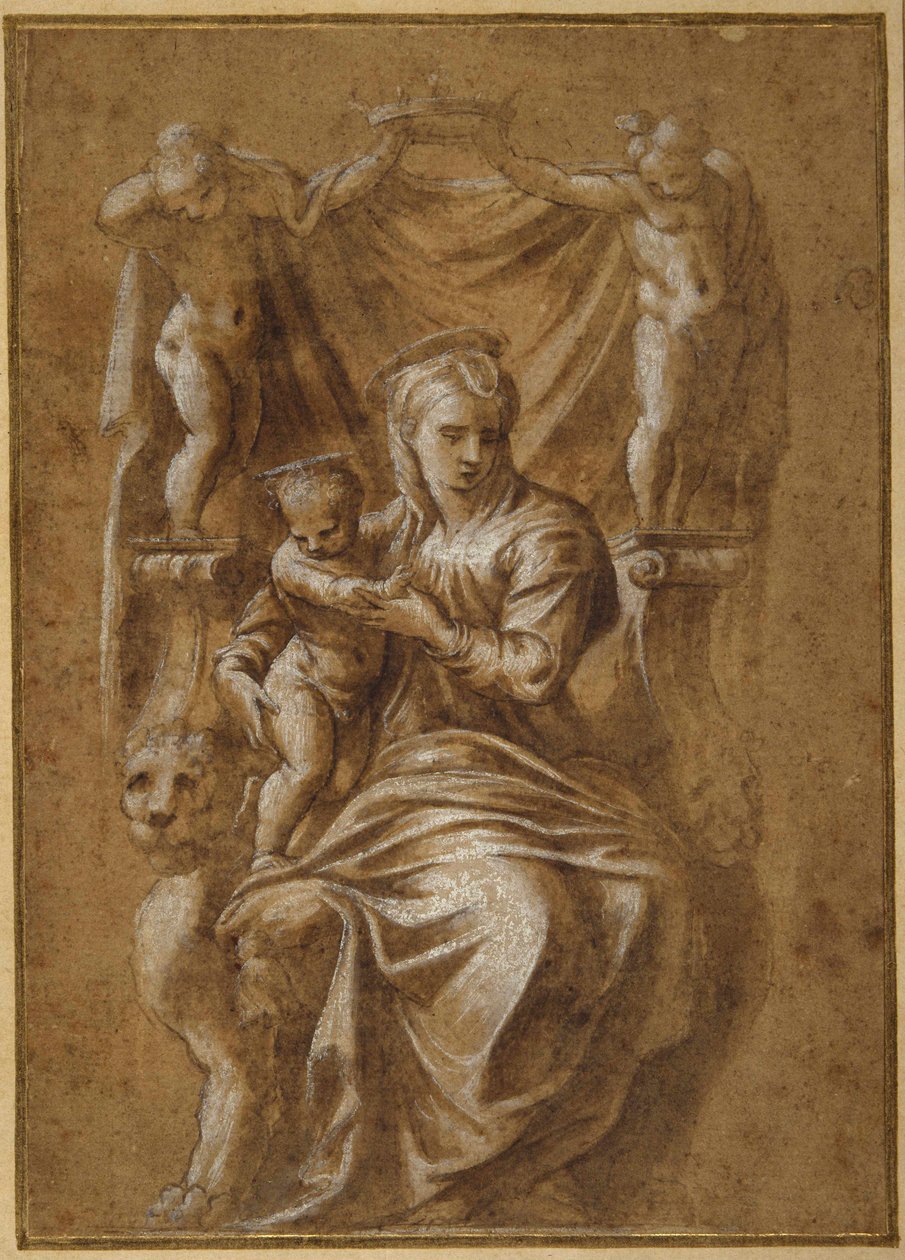Madonna ja lapsi valtaistuimelle (kynä ja ruskea muste, rungon väri paperilla) tekijältä Polidoro da (follower of) Caravaggio
