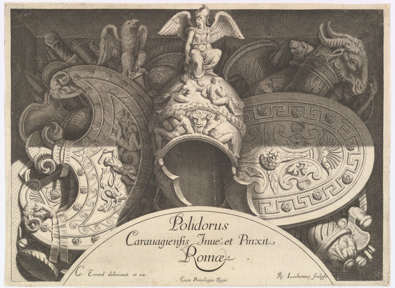 Divers Trophées -asepalkinnot Palazzo Milesin julkisivun jälkeen Roomassa, 1651 tekijältä Polidoro da Caravaggio