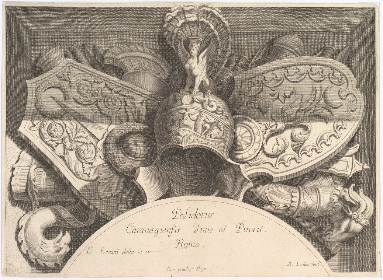 Divers Trophées -asepalkinnot Palazzo Milesin julkisivun jälkeen Roomassa, 1651 tekijältä Polidoro da Caravaggio