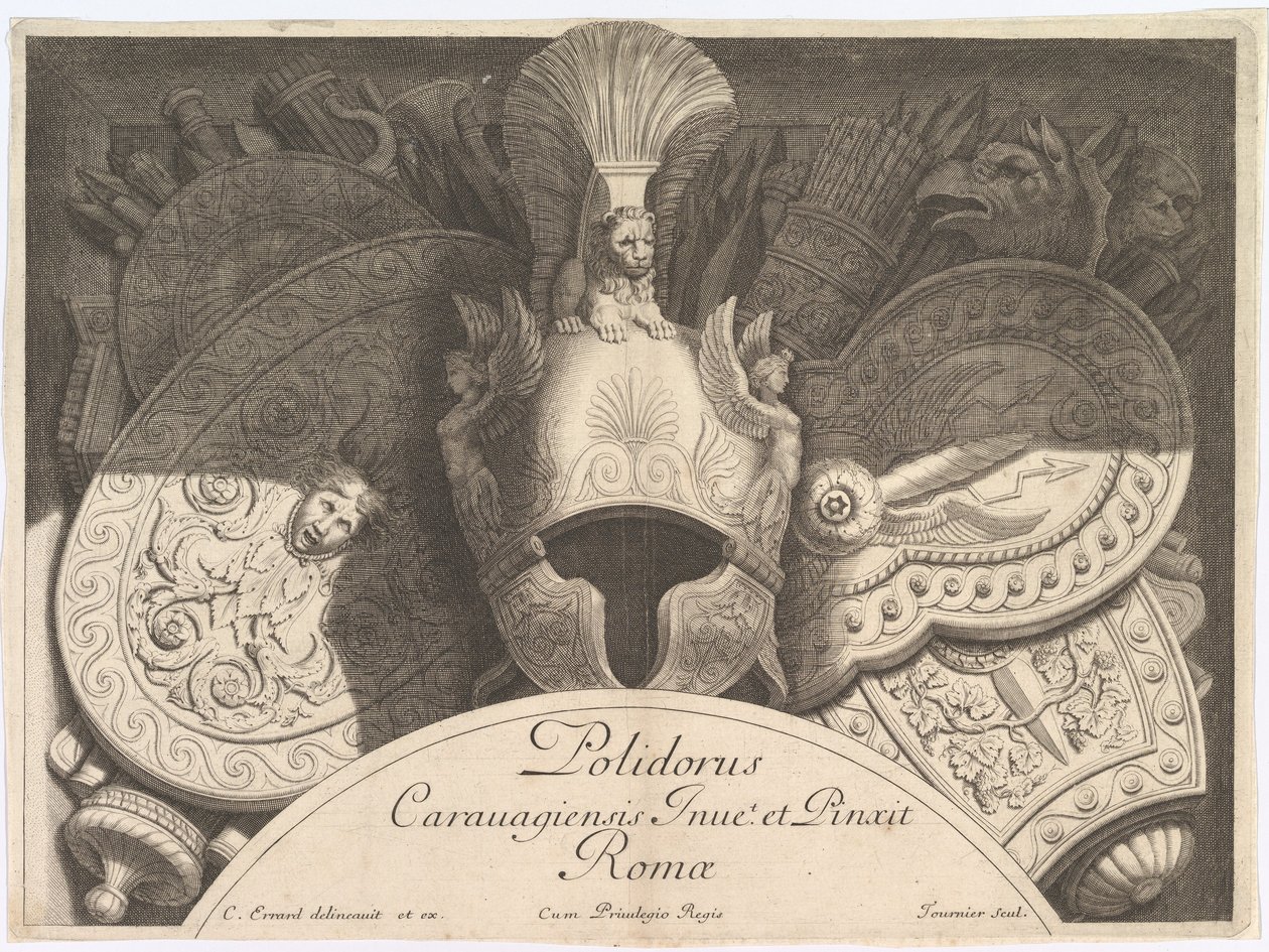 Divers Trophées Weapon Trophyt Palazzo Milesin julkisivun jälkeen Roomassa, 1651. Tekijät: Polidoro da Caravaggio, Rene Lochon. tekijältä Polidoro da Caravaggio