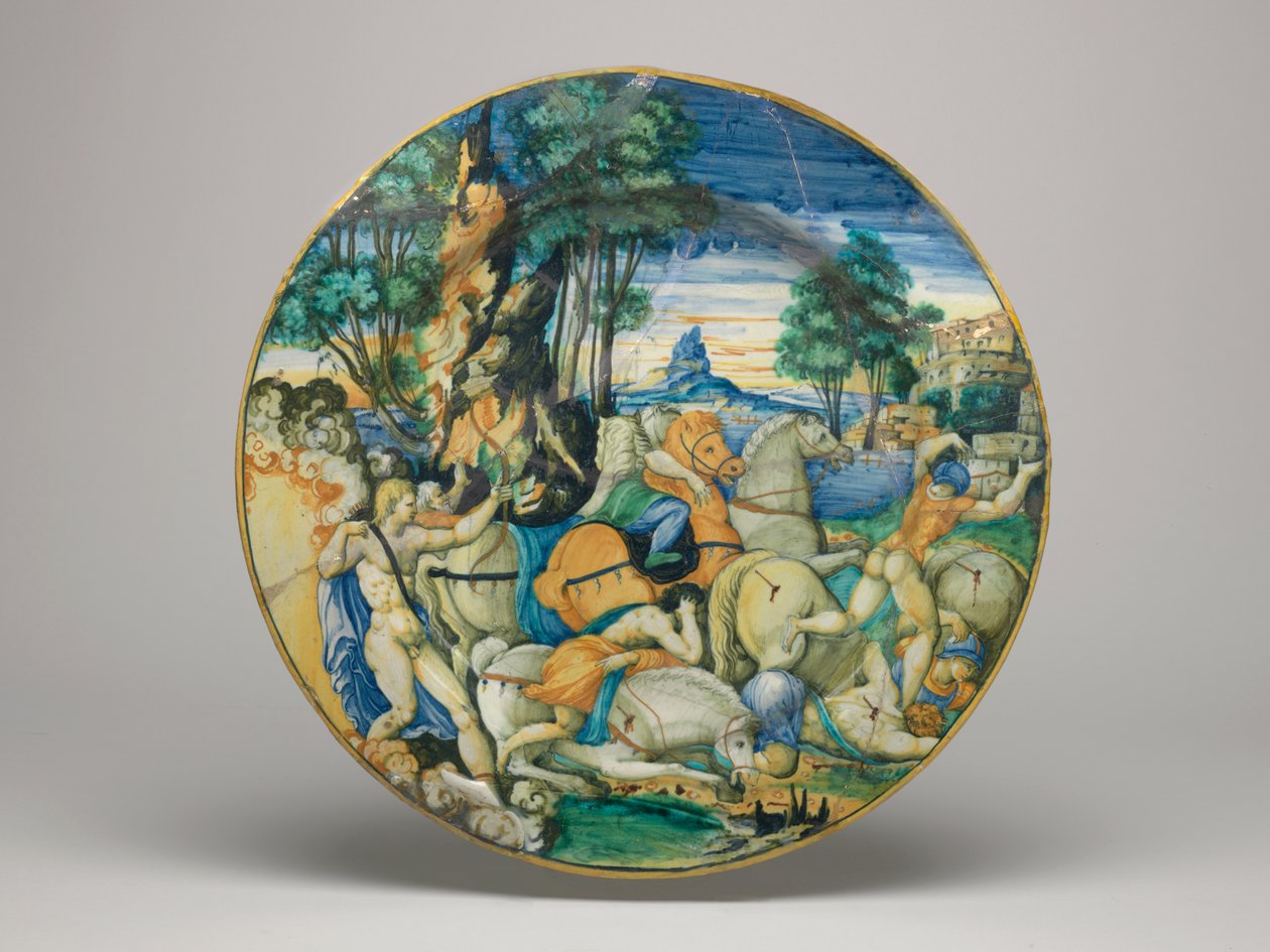 Maiolica-astia, Apollo tappamassa Nioben poikia - muoto noin 64, sileä reuna, astian pohja, 1548 tekijältä Polidoro da Caravaggio