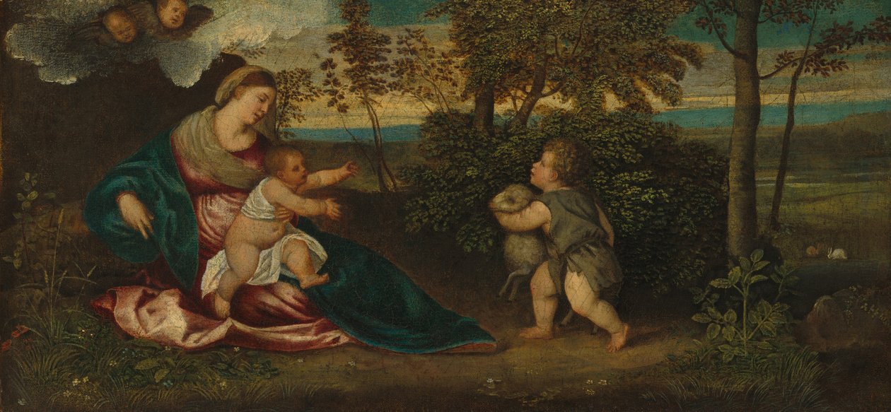 Madonna ja lapsi ja pieni pyhä Johannes maisemassa, 15401550. tekijältä Polidoro da Lanciano