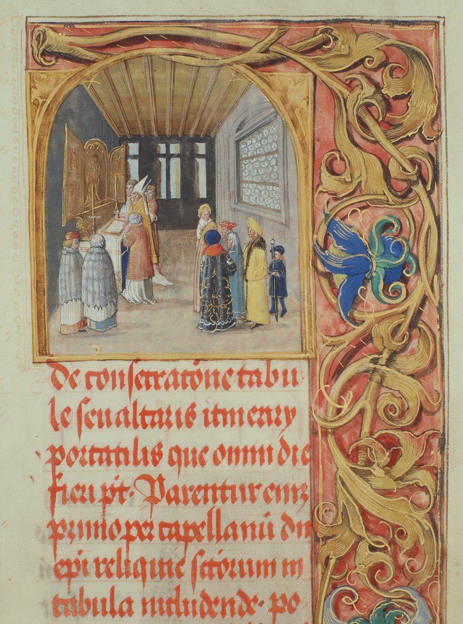 Piispan alttarin pyhittäminen kanonien ja maallisten perustajien avustuksella piispa Erasmus Ciolekin paavilta, n. 1510 (tempera ja kulta pergamentilla) tekijältä Polish School