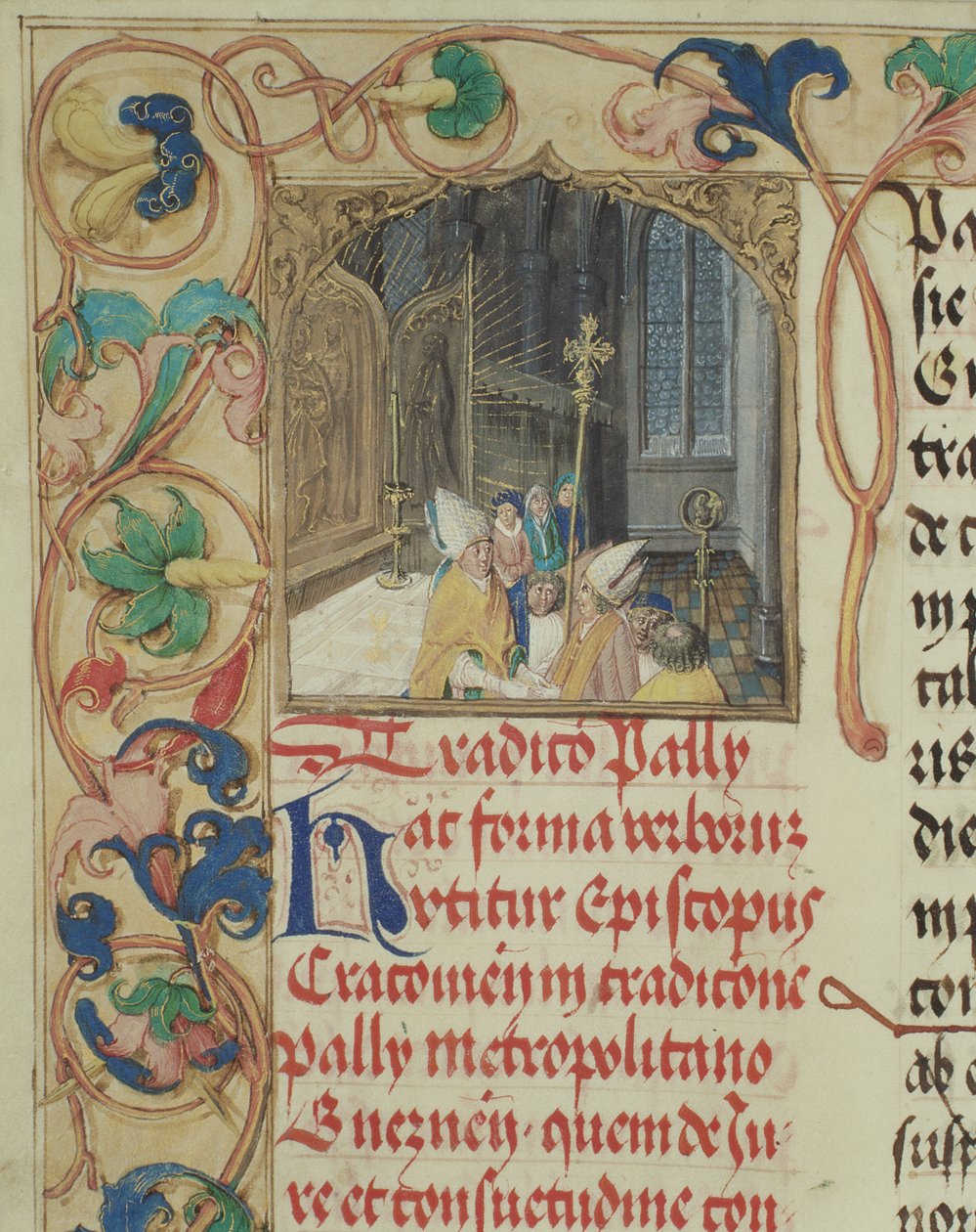 Piispa Krakovasta luovuttamassa Palliumin Gnieznon arkkipiispalle piispa Erasmus Ciolekin paavilta n. 1510 (tempera ja kulta pergamentilla) tekijältä Polish School