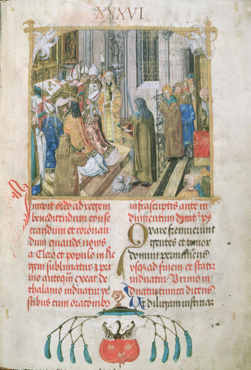 Puolan kuninkaan kruunaus piispa Erasmus Ciolekin paavilta saadun valtamerkin esittäminen, n. 1510 (tempera ja kulta pergamentilla) tekijältä Polish School