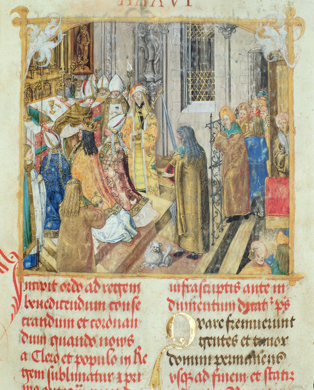 Puolan kuninkaan kruunaus piispa Erasmus Ciolekin paavilta, n. 1510 (tempera ja kulta pergamentilla) tekijältä Polish School