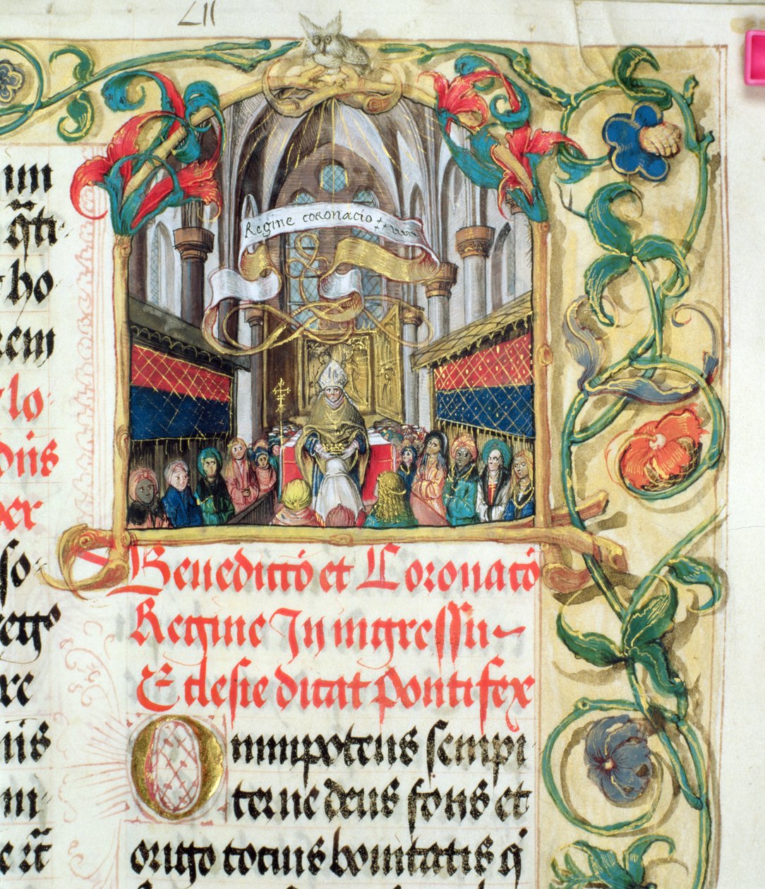 Puolan kuningattaren kruunaus piispa Erasmus Ciolekin paavilta, n. 1510 (tempera ja kulta pergamentilla) tekijältä Polish School