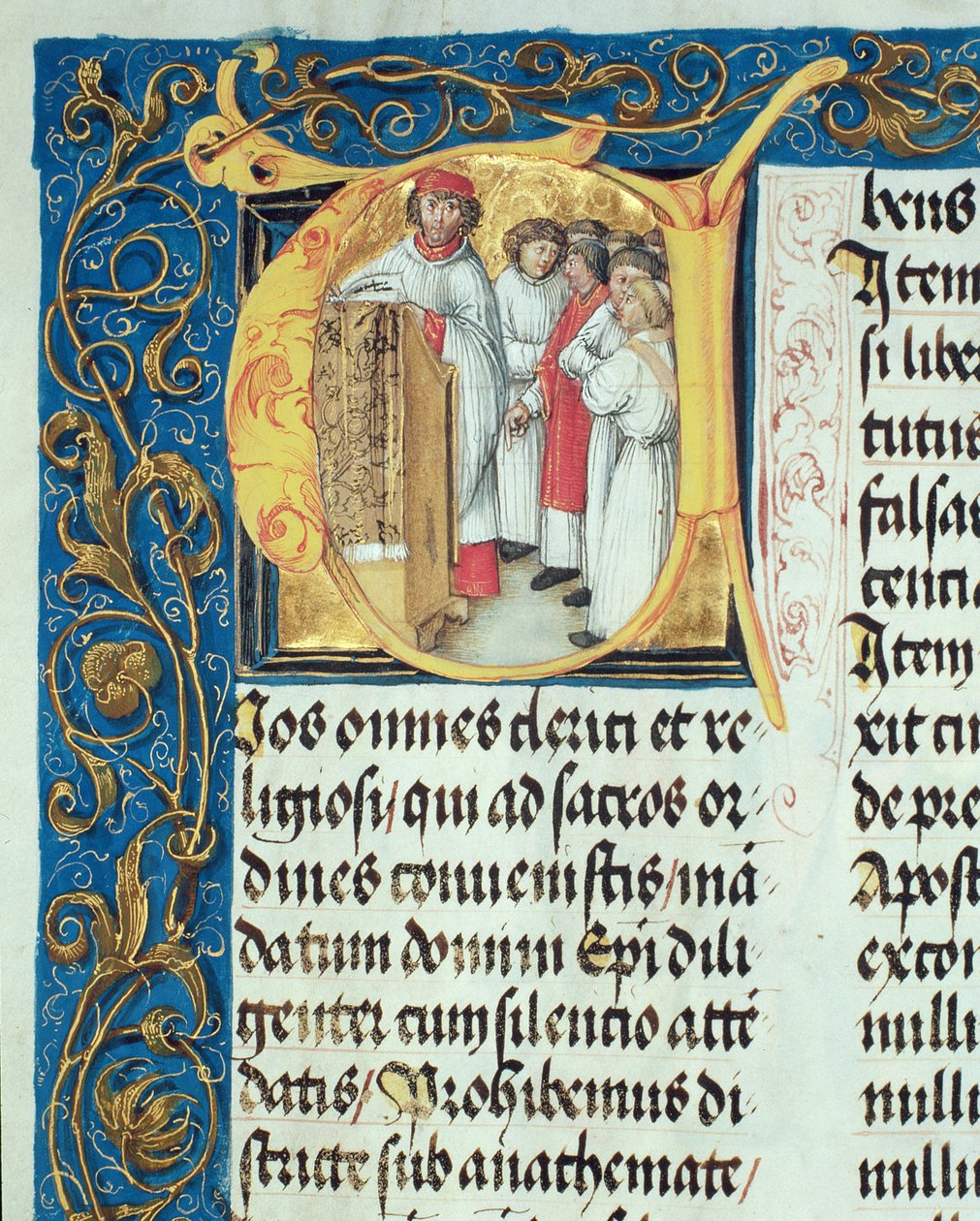 Seminaarin pappeudeksi vihkiminen piispa Erasmus Ciolekin paavilta, n. 1510 (tempera ja kulta pergamentilla) tekijältä Polish School