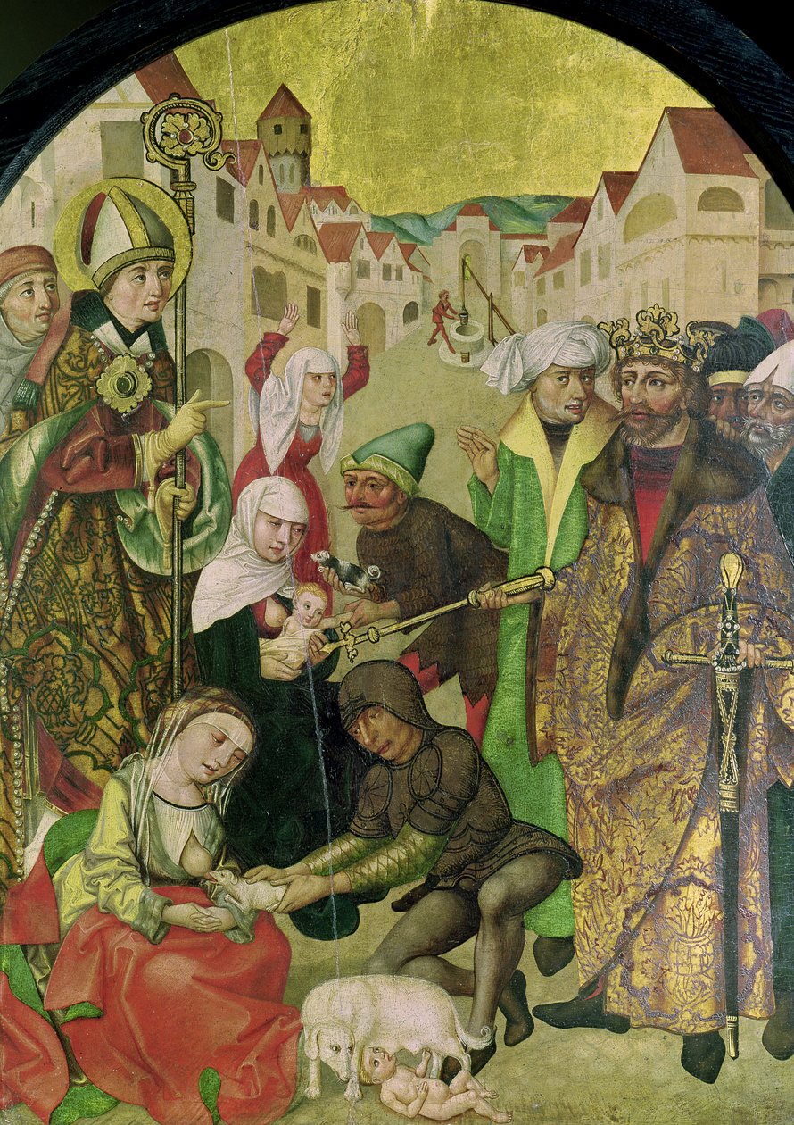 St. Stanislas (1030-79) katselee uskottomien vaimojen rangaistusta kuningas Boleslas II:n (1039-81) paneelin käskyn mukaan Pyhän Stanislasin alttaritaulusta tekijältä Polish School