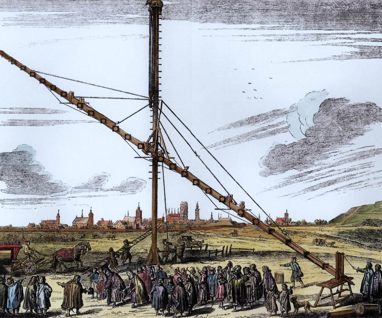 Johannes Heveliuksen (1611-1687) suuri astronominen teleskooppi, Heveliuksen Gdanskin kuvitus Machina Coelestiksestä, julkaistu 1670 (myöhemmin väritetty) tekijältä Polish School