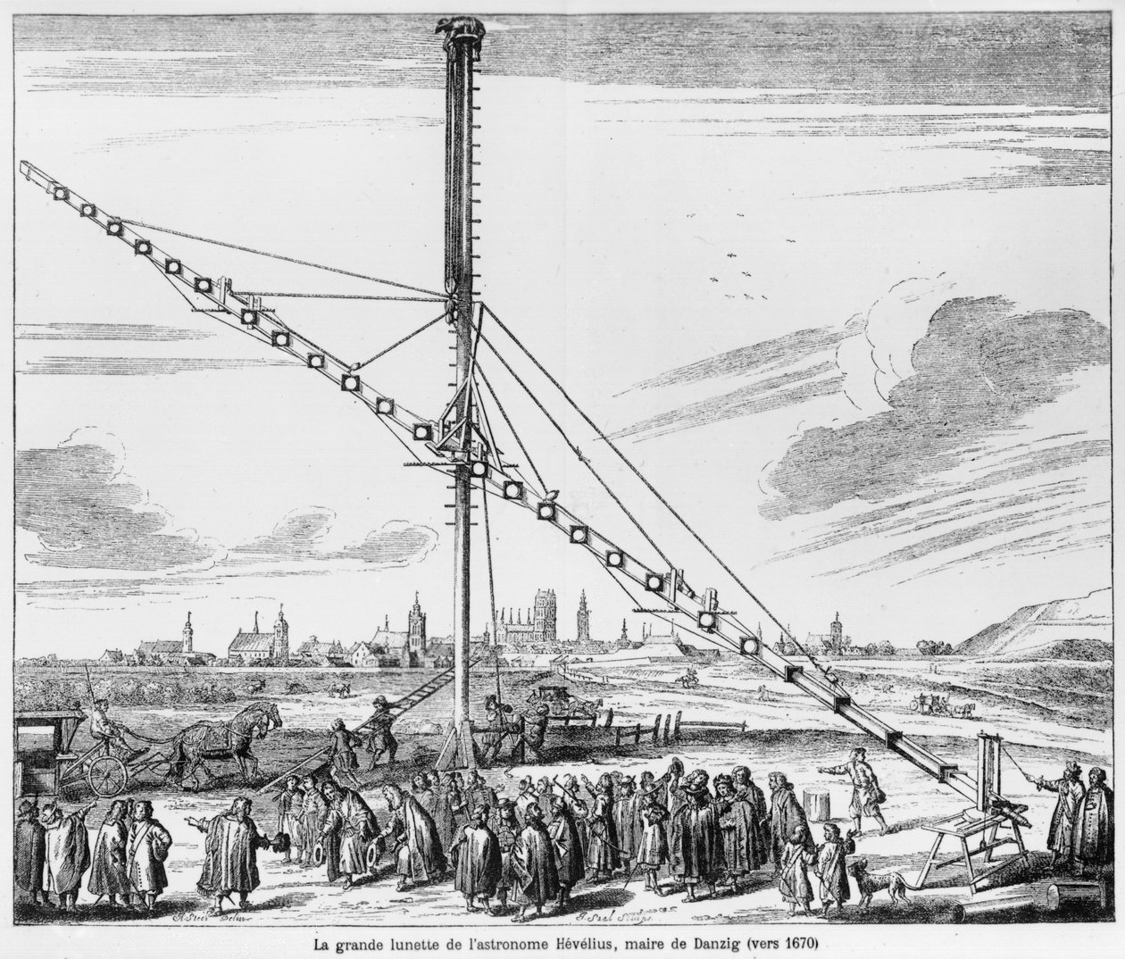 Johannes Heveliuksen (1611-1687) suuri astronominen teleskooppi, Heveliuksen Gdanskista Machina Coelestis -kuva, julkaistu 1670 tekijältä Polish School