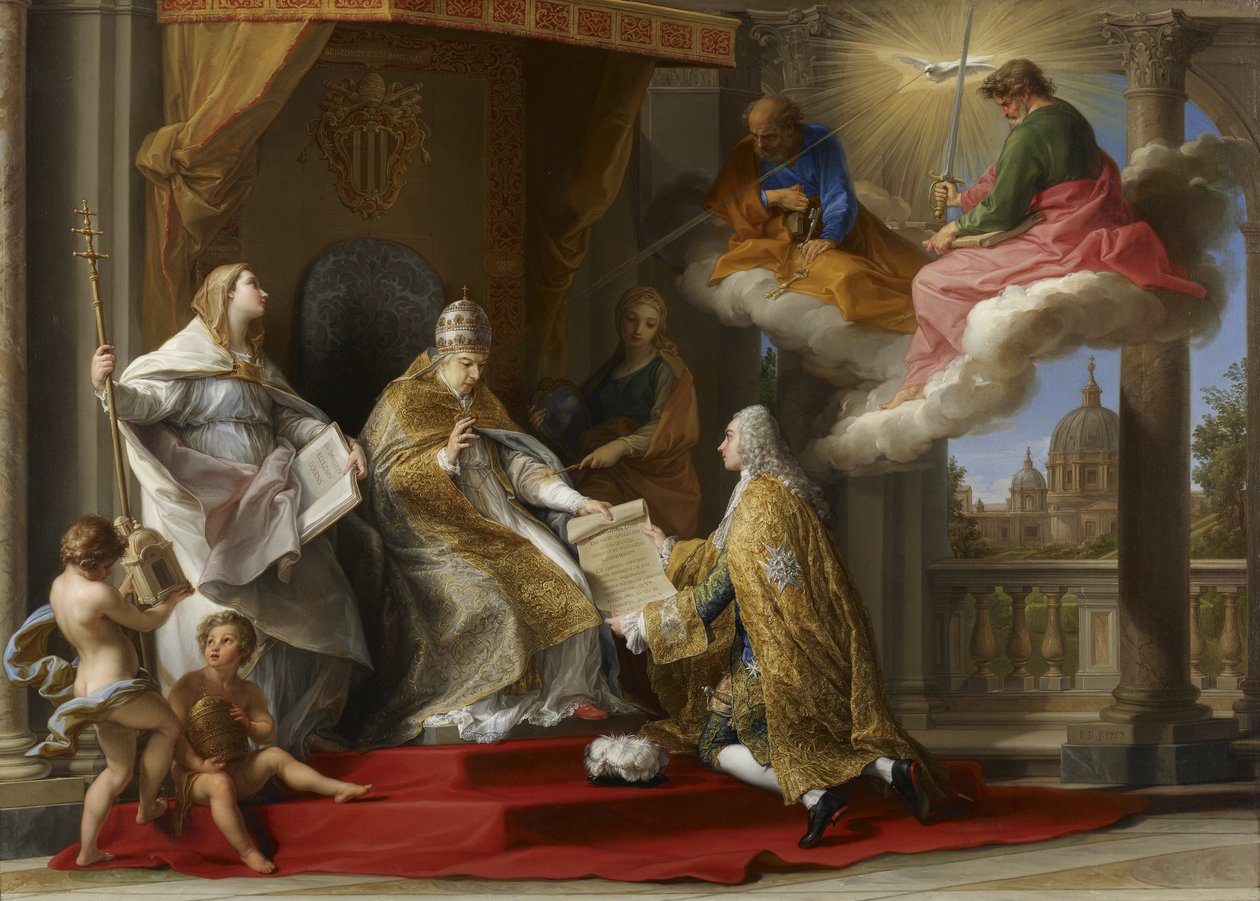 Paavi Benedictus XIV esittelee tietosanakirjaa tekijältä Pompeo Batoni